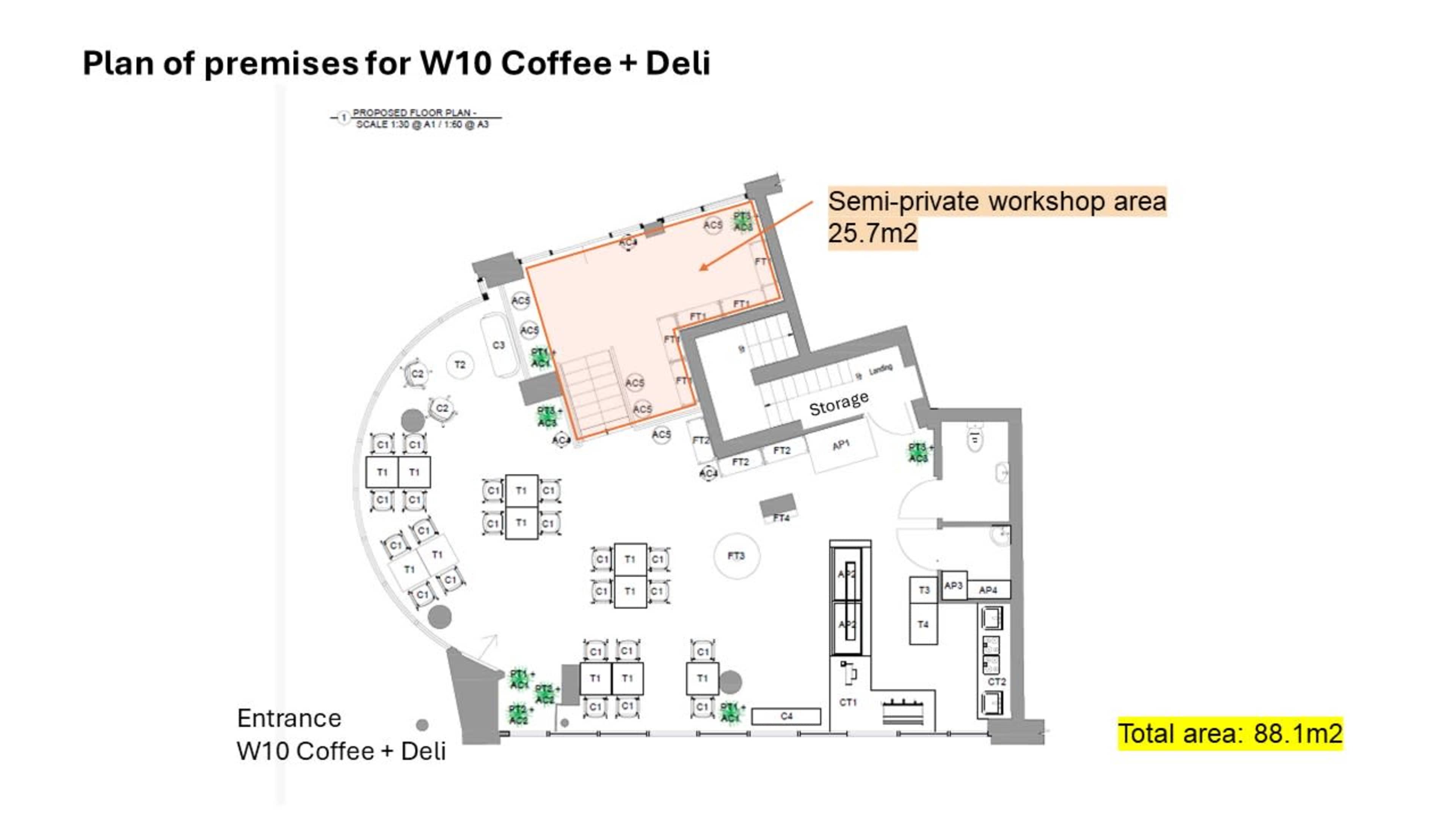 A floor plan layout for W10 Coffee + Deli, indicating areas such as a semi-private workshop area, storage, and seating arrangements, totaling 88.1 square meters.