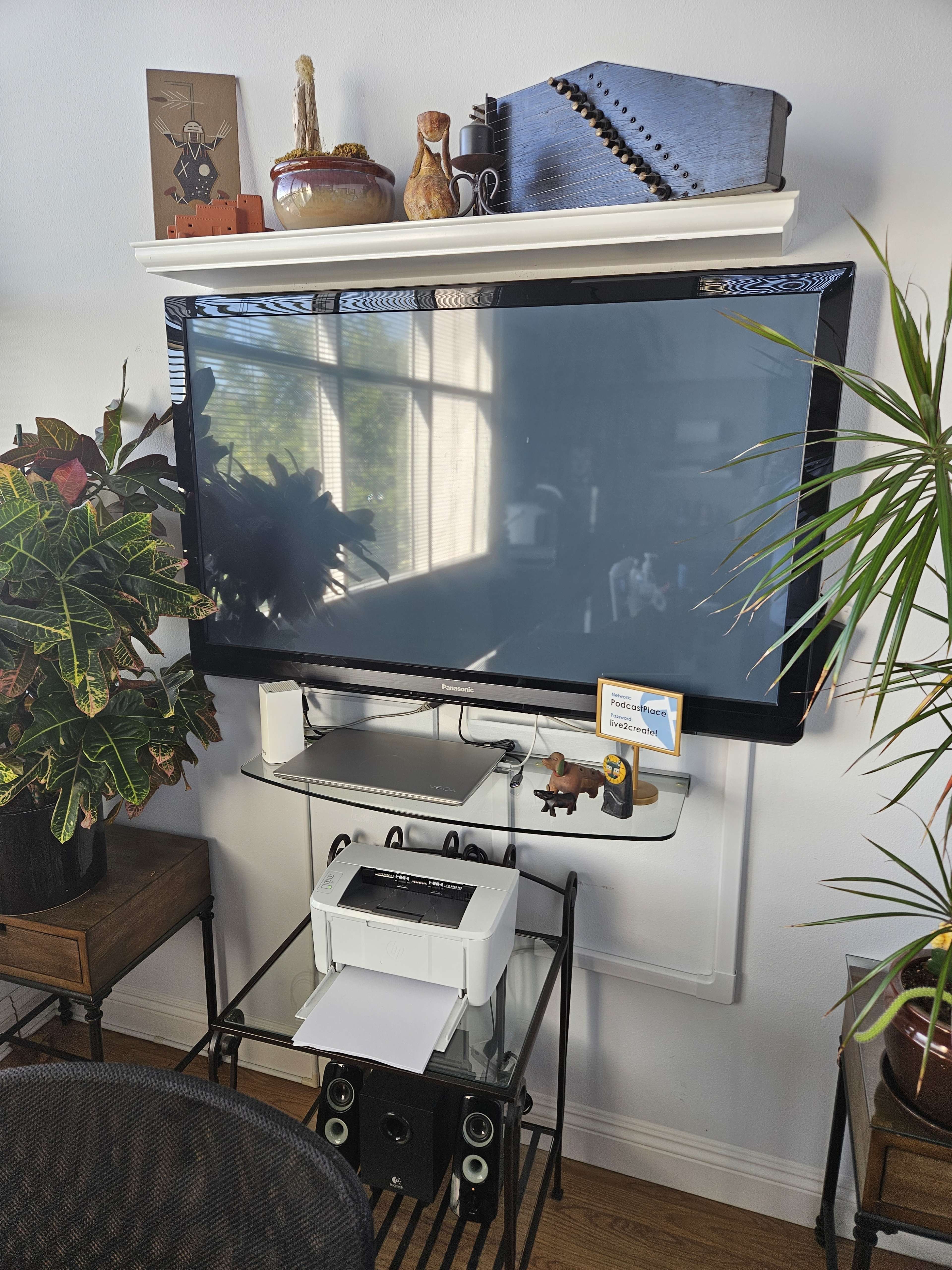 A mounted flat-screen television above a glass TV stand that holds a printer and speakers, surrounded by indoor plants and decorative items on a shelf.