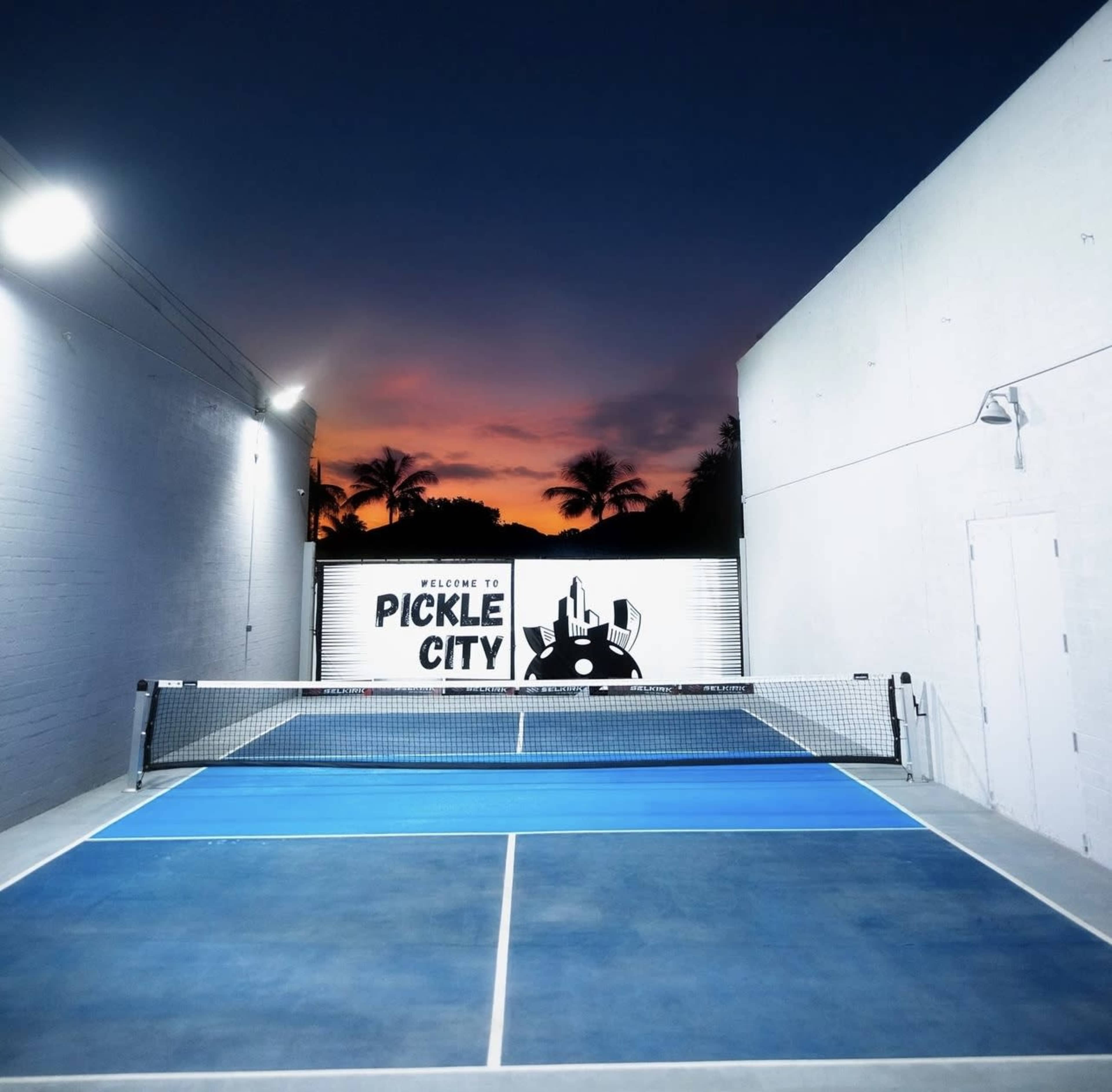 A blue pickleball court is illuminated under a twilight sky with a sign that reads "Welcome to Pickle City" in the background.