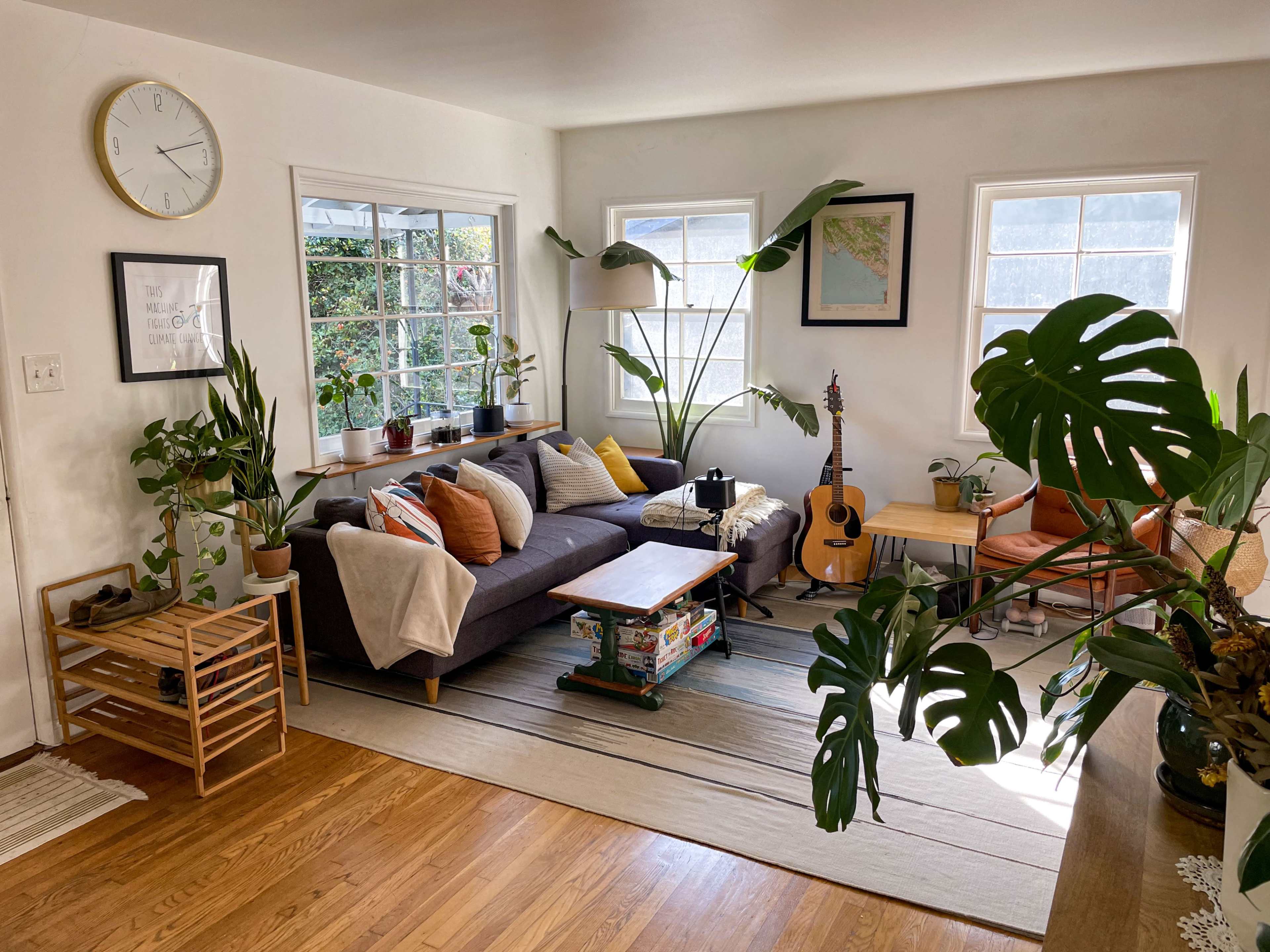 The living room features a gray sectional sofa, a wooden coffee table, an acoustic guitar, and several houseplants arranged near large windows.