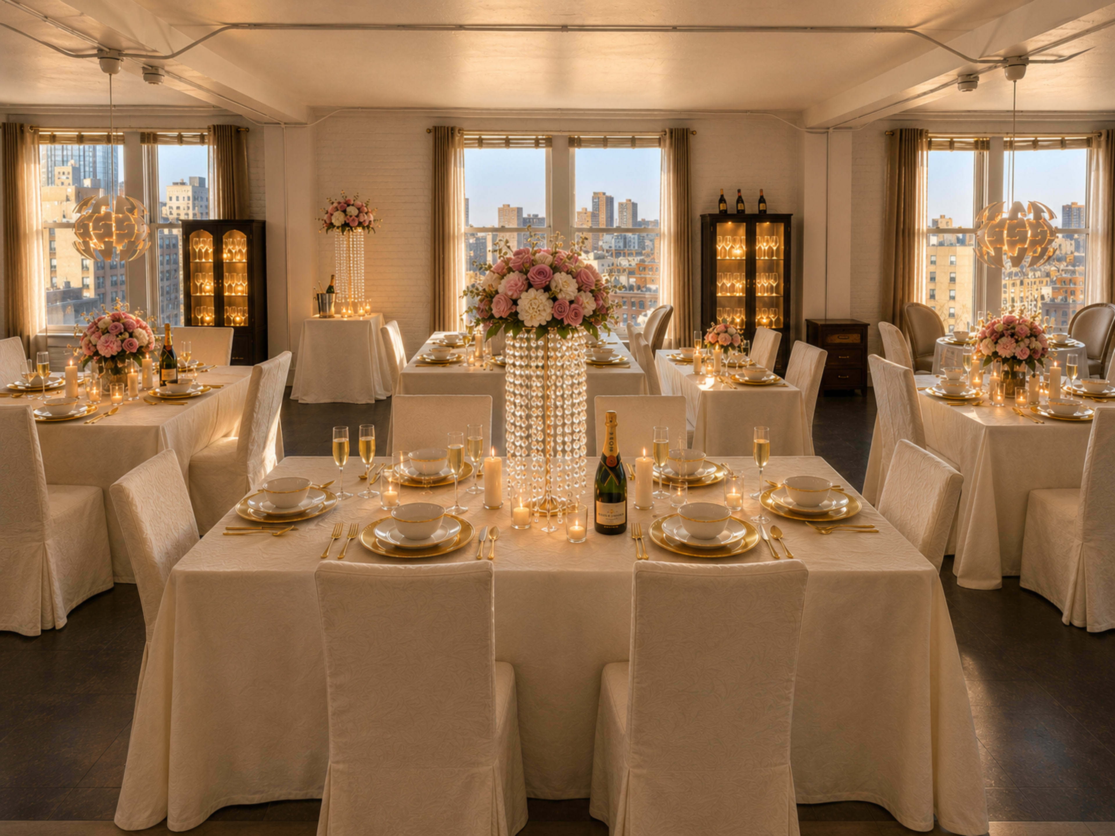 A elegantly set dining room features tables adorned with white tablecloths, floral centerpieces, and champagne glasses, overlooking a city skyline through large windows.