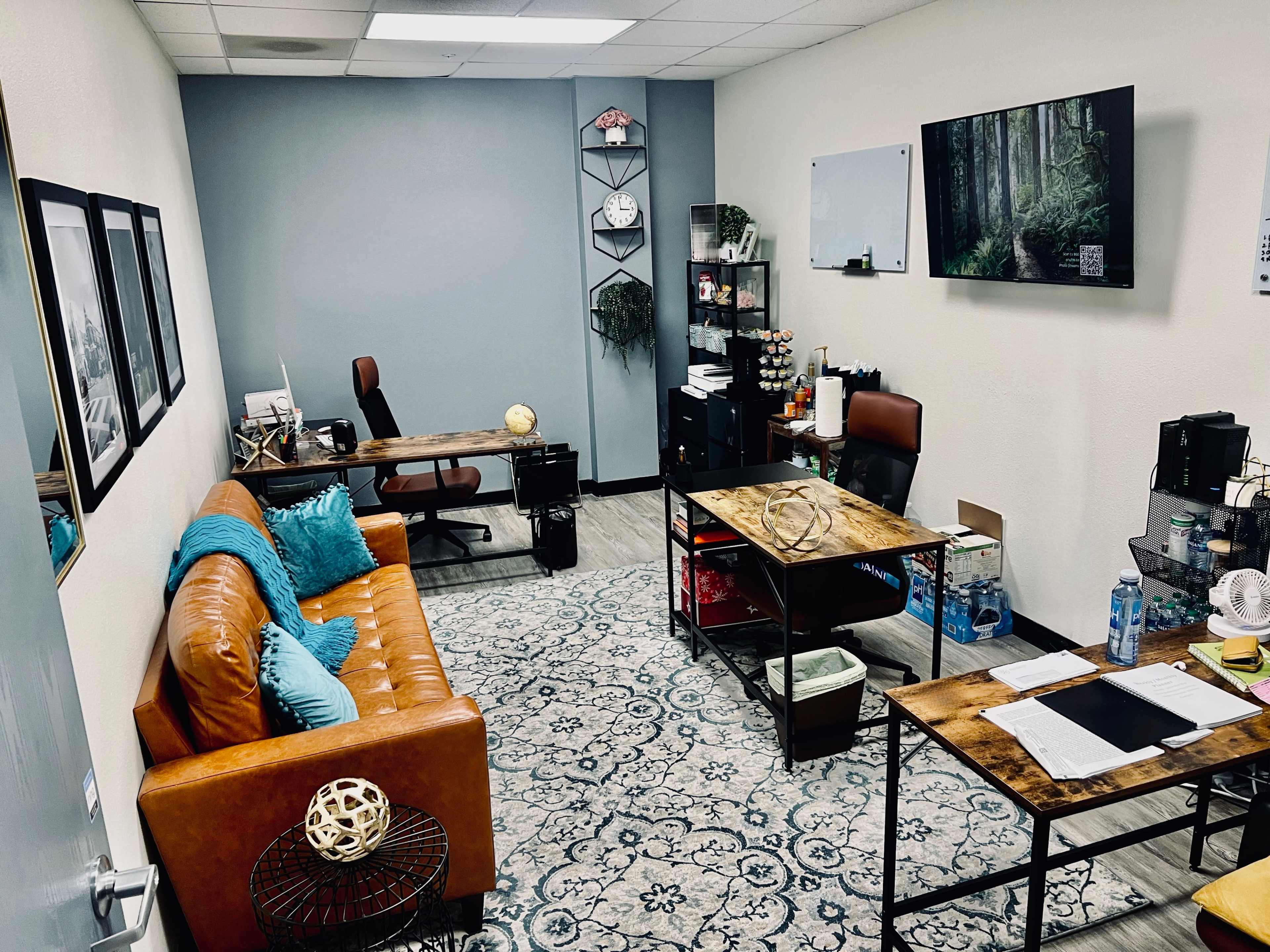 A modern office space with a brown leather sofa, two desks, a television on the wall, and decorative elements like a globe and plants.