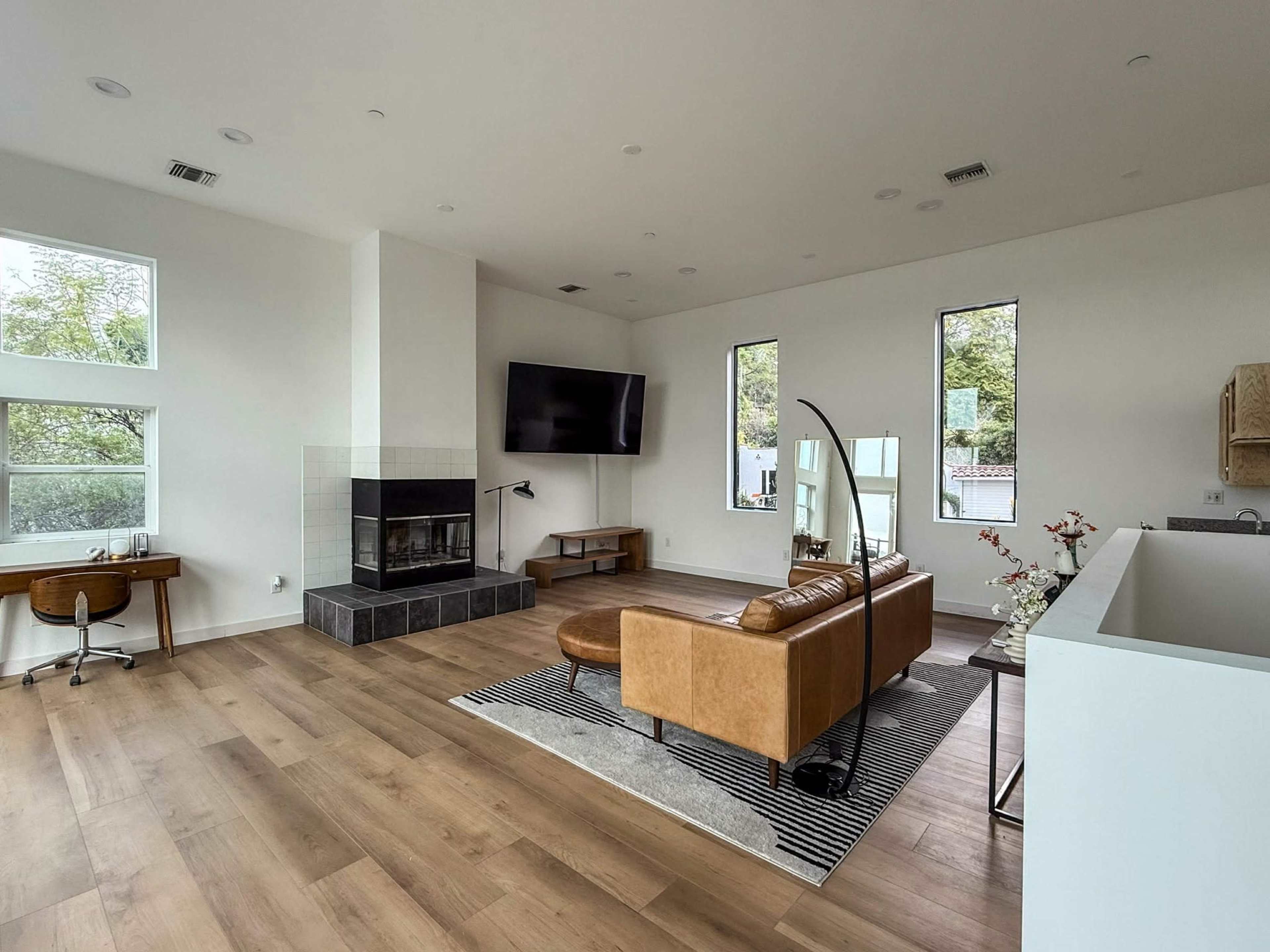 The image shows a modern living room with a brown leather sofa, a flat-screen TV mounted on the wall, a fireplace, and large windows.