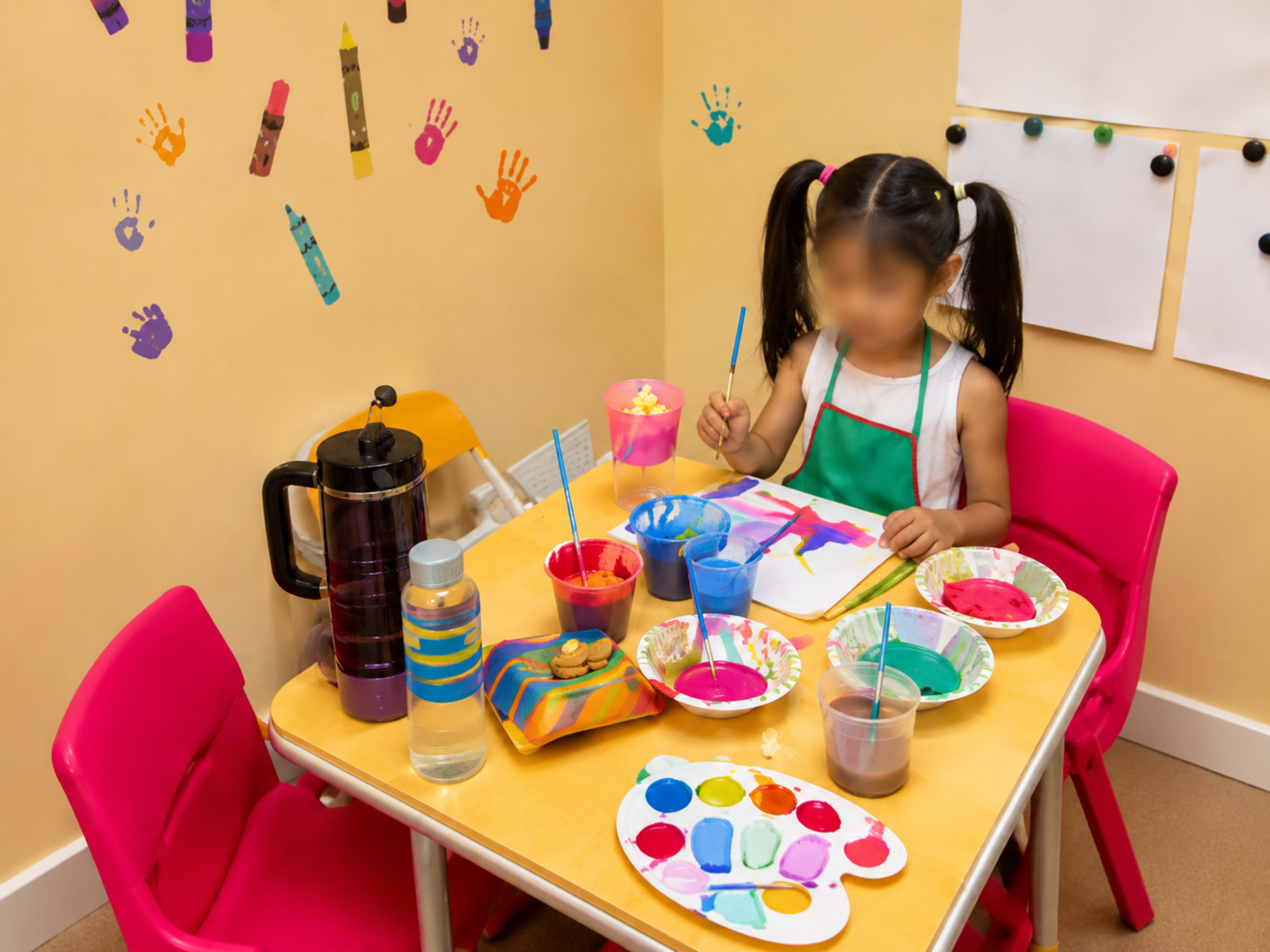 A child is sitting at a table in a colorful room, engaged in a painting activity with various art supplies and painted patterns on the walls.