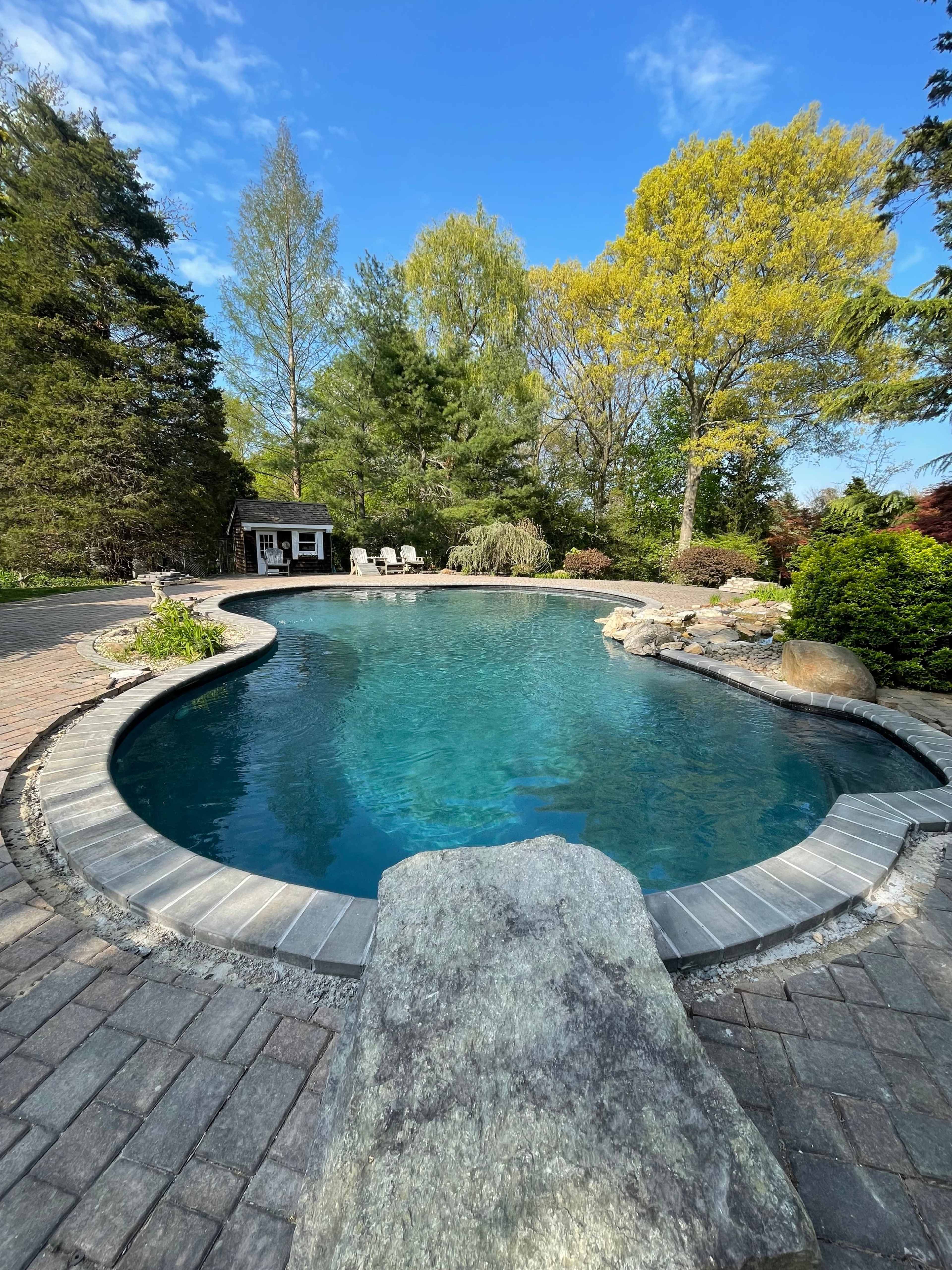 A curved swimming pool surrounded by stone paving and lush greenery, with a small shed and seating area in the background.