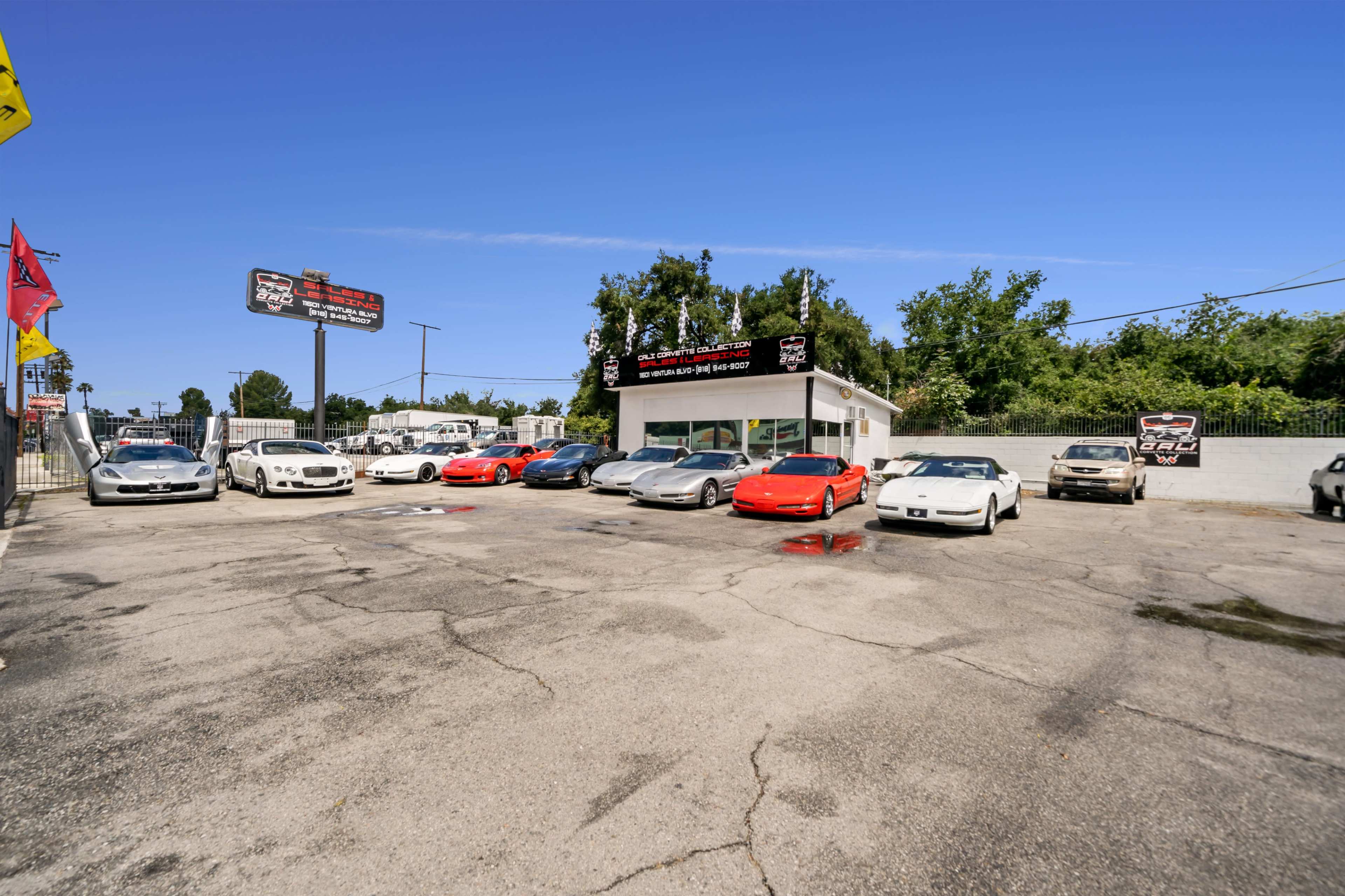A car dealership lot displays a variety of sports cars and sedans under clear blue skies.