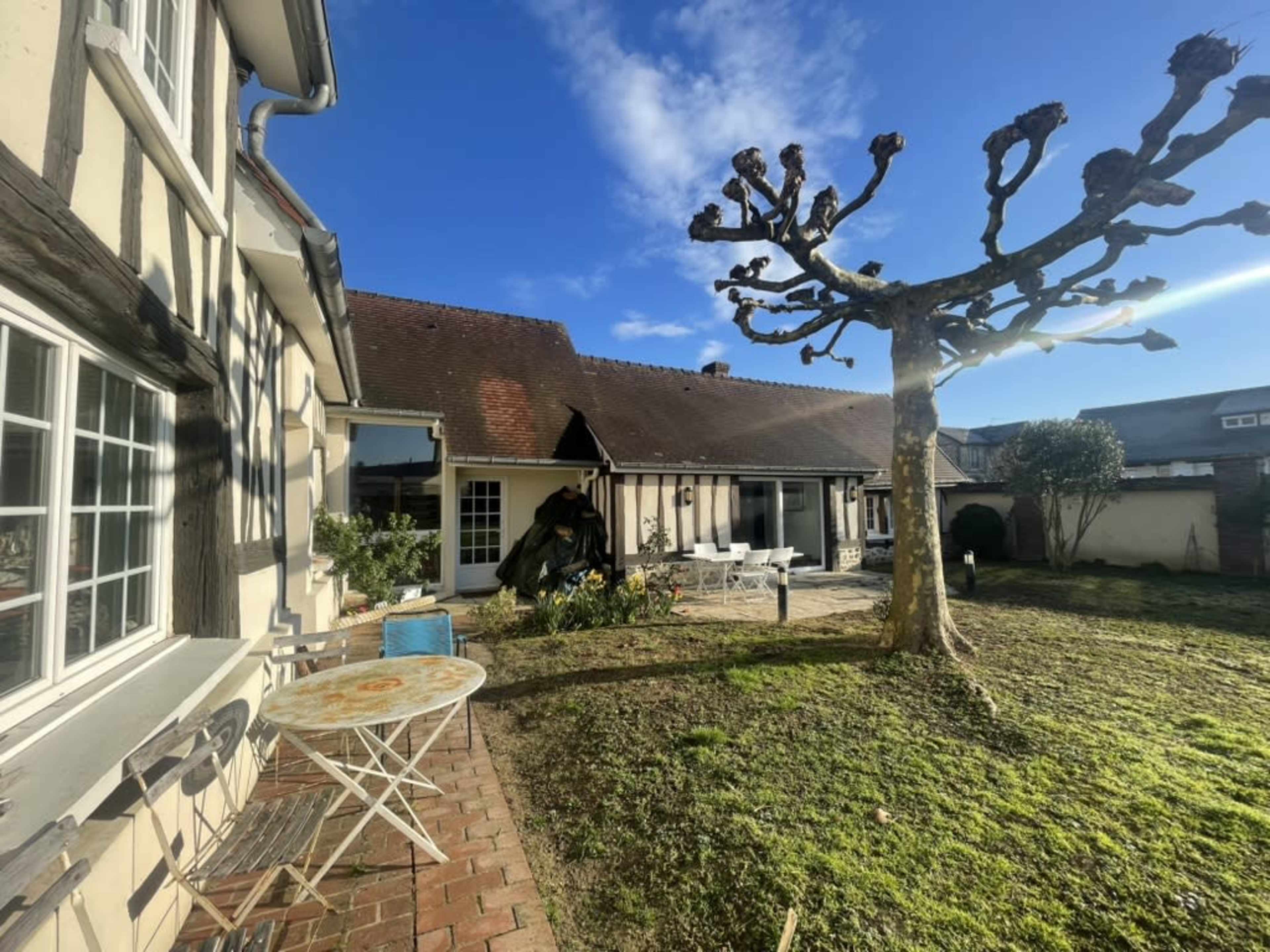 The image shows a backyard of a house featuring a trimmed tree, a patio area with outdoor furniture, and a clear blue sky.
