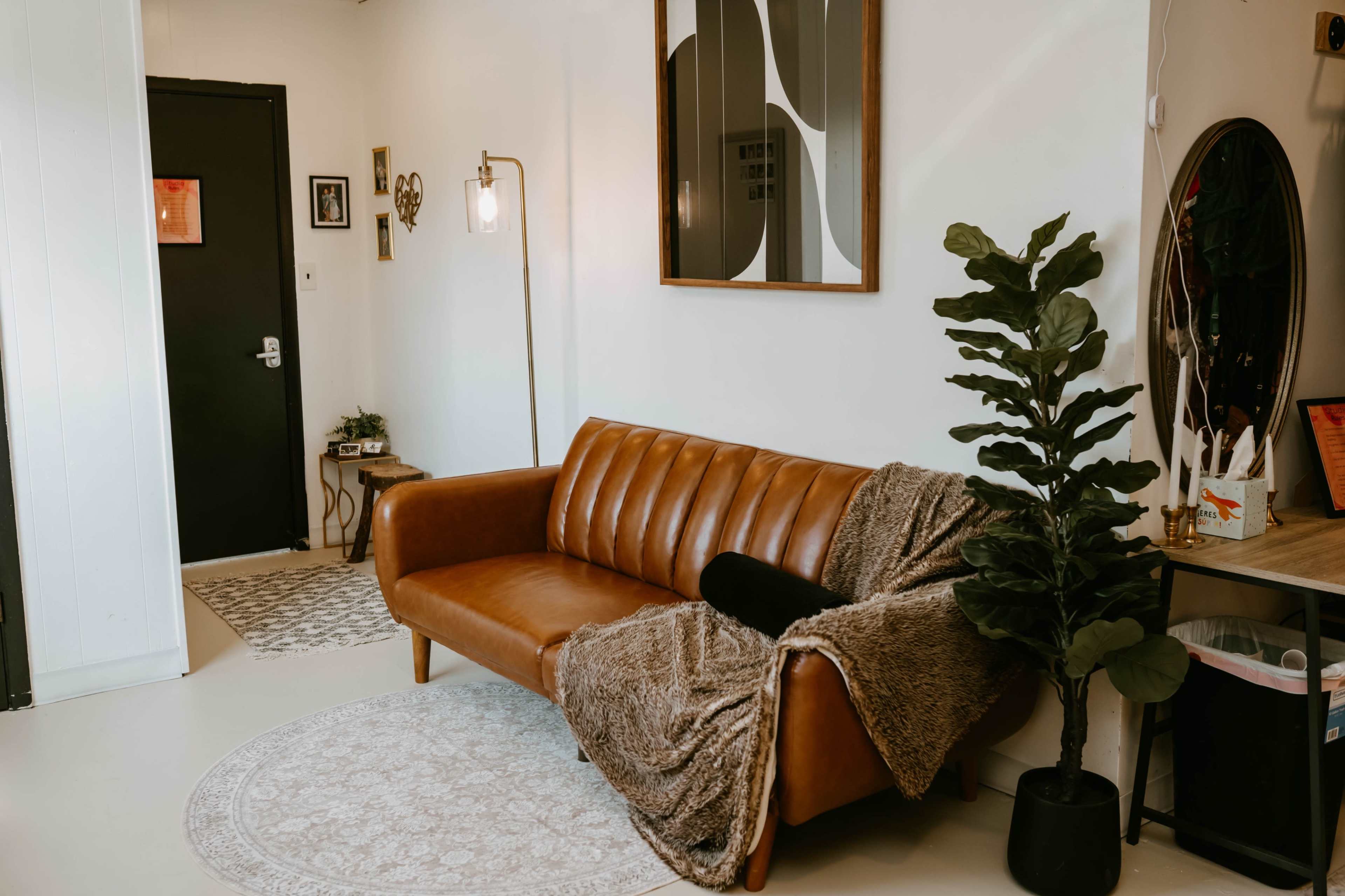 The image shows a modern living space featuring a brown leather couch with a blanket draped over it, a decorative rug on the floor, a potted plant, and artwork on the wall.
