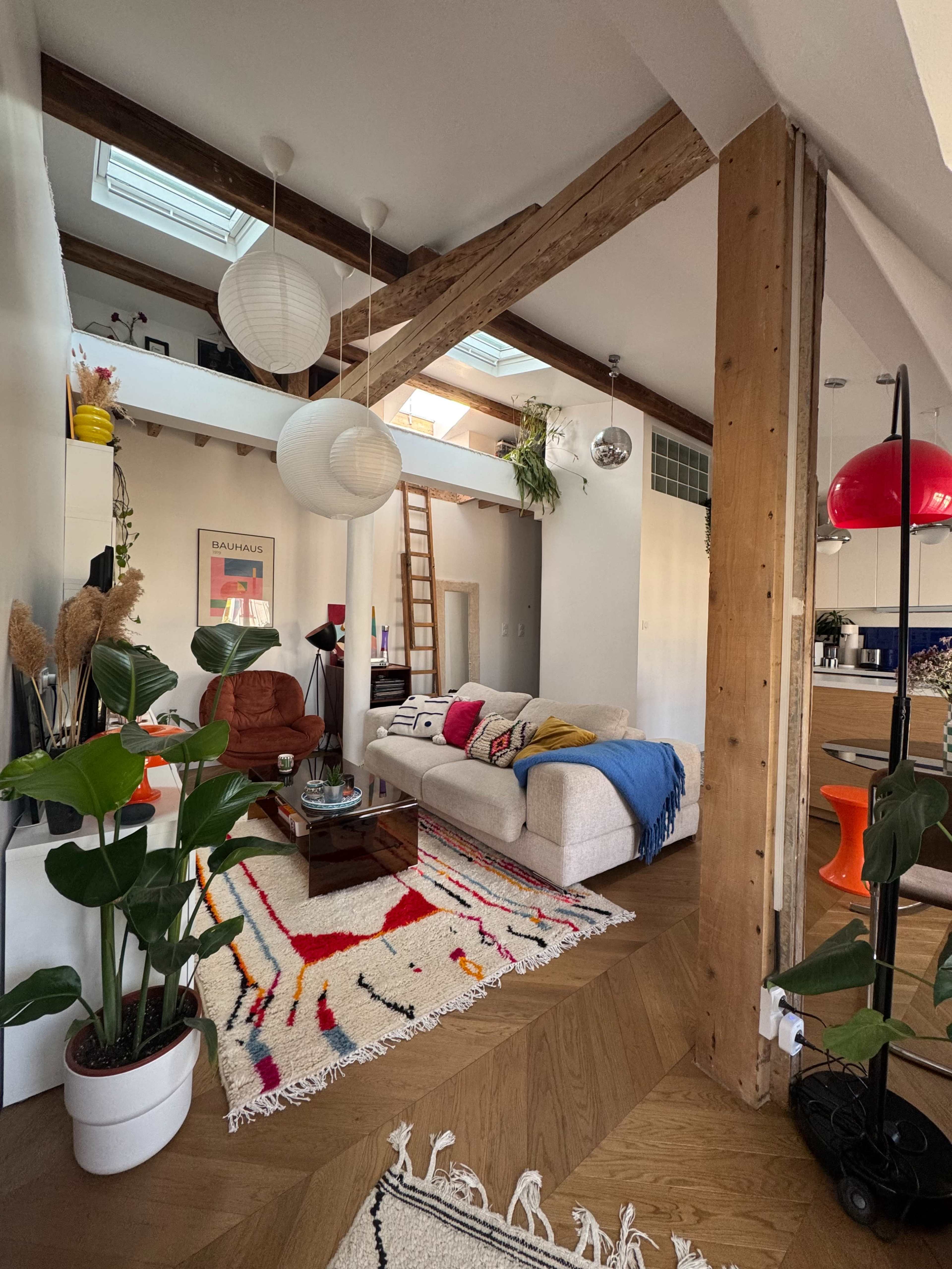 The image shows a modern living room featuring a cozy sofa, a colorful rug, a wooden ladder leading to an upper level, and decorative plants scattered throughout.