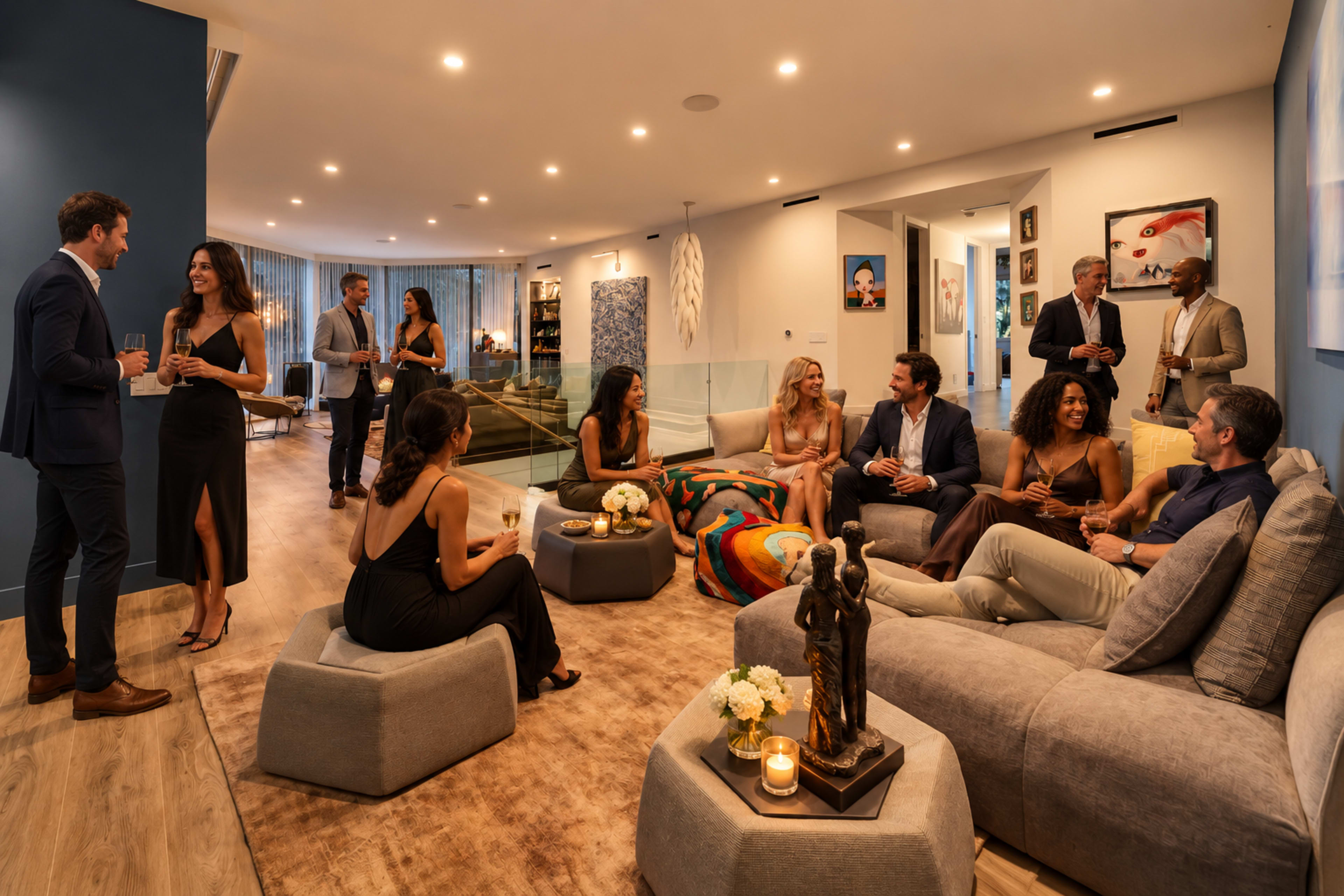 A modern living room hosts a social gathering with guests engaging in conversation, seated on various sofas and chairs.