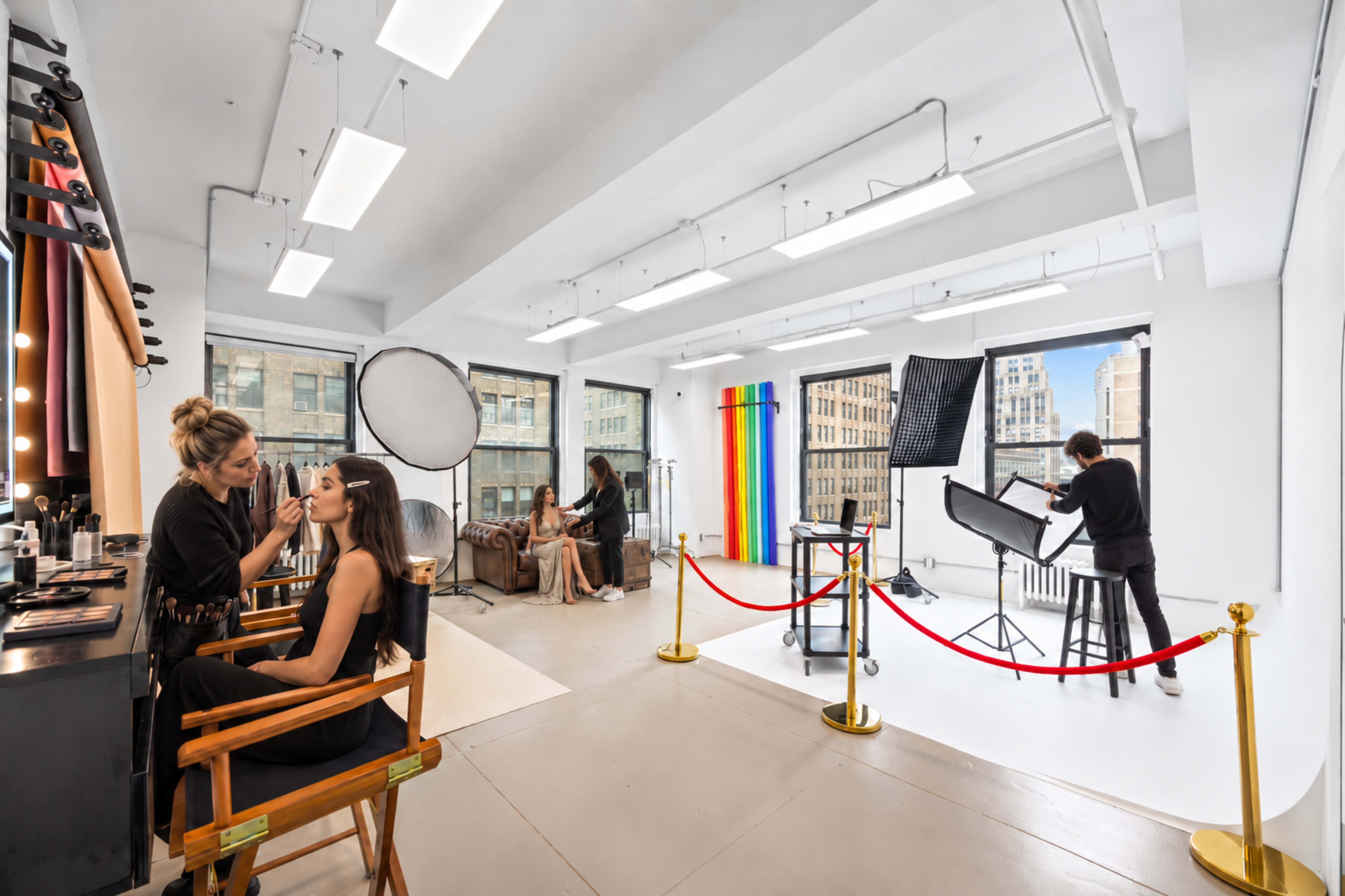 A makeup artist applies makeup to a model in a well-lit studio, while another model poses nearby, and a photographer sets up lighting.