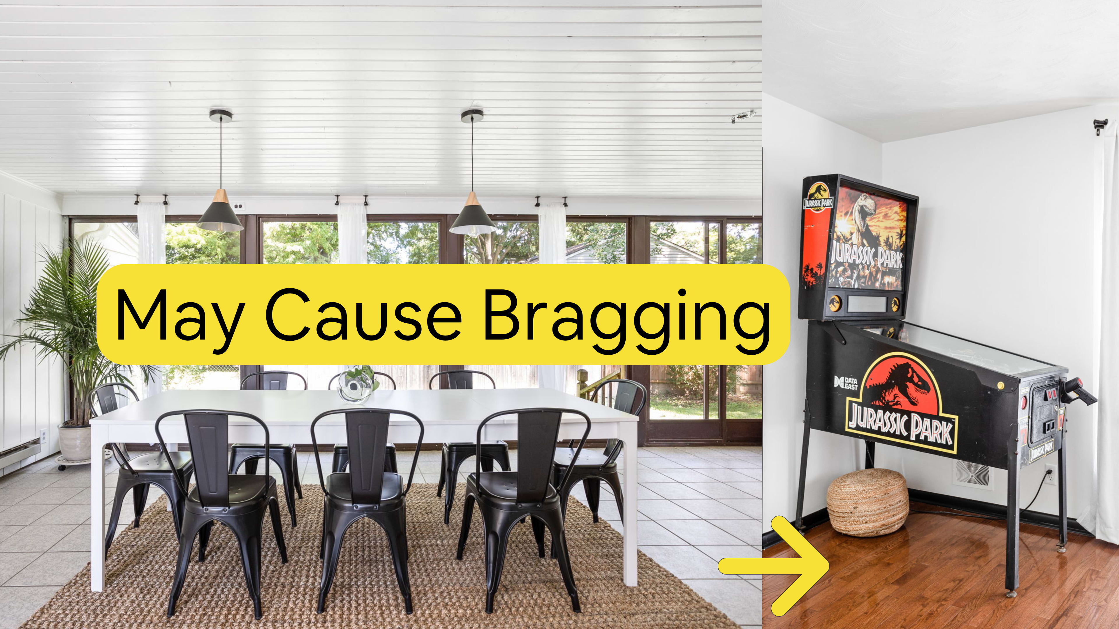 A dining area with a long white table and black chairs next to a room featuring a Jurassic Park pinball machine.