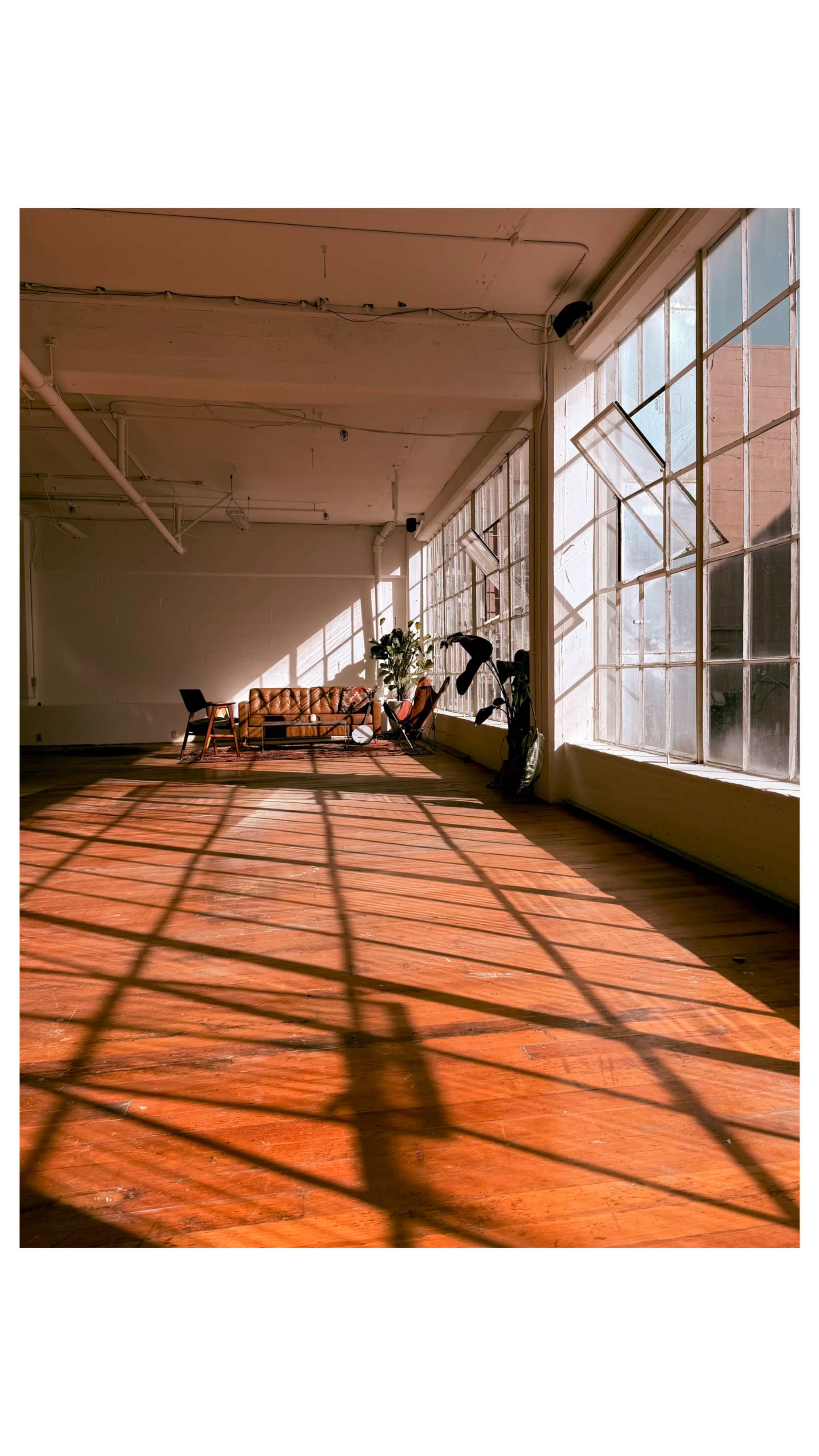 The image shows a spacious room with large windows, wooden floors, and long shadows cast by sunlight.