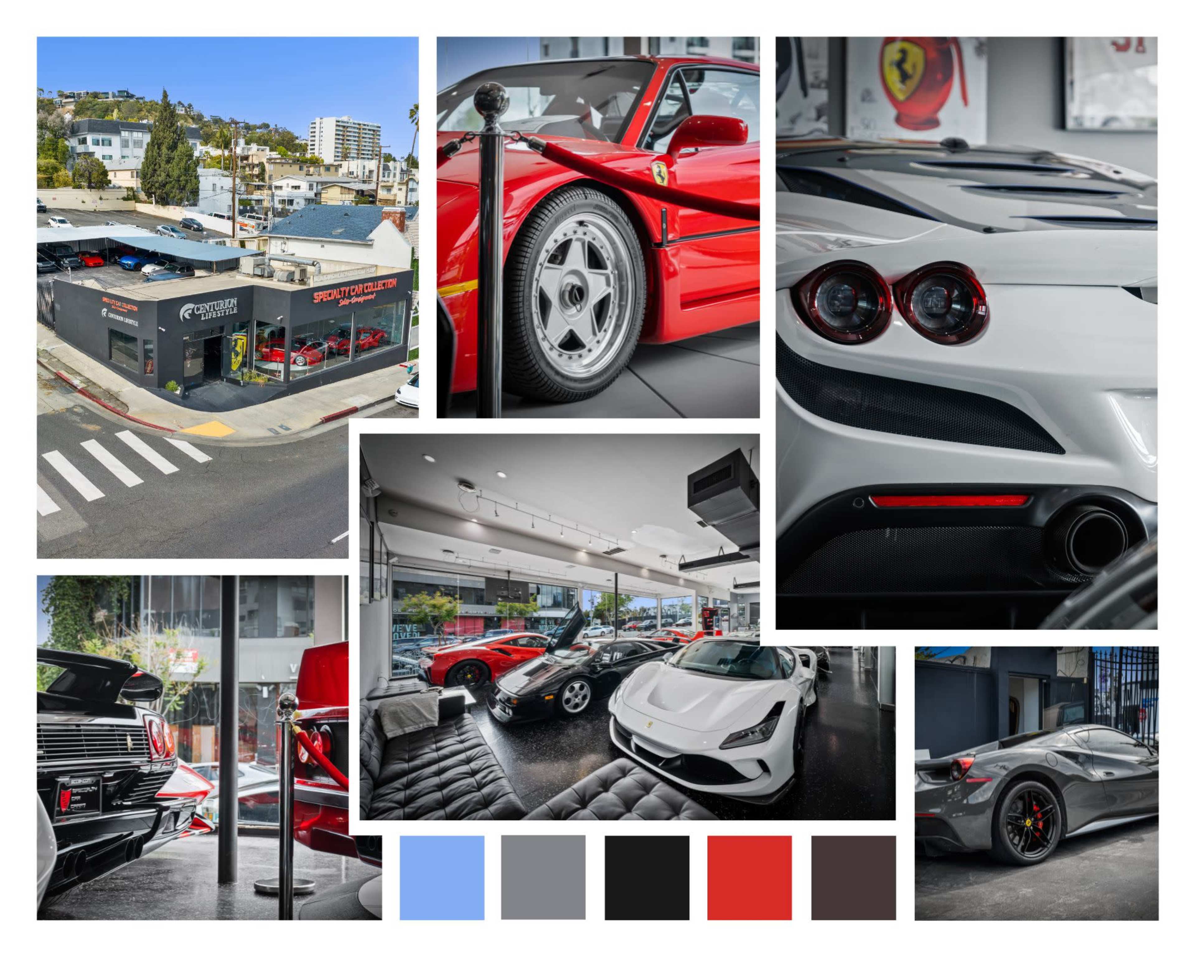 A collage of luxury sports cars in a showroom setting, featuring a red Ferrari and a sleek white car, alongside views of the exterior of a car dealership.