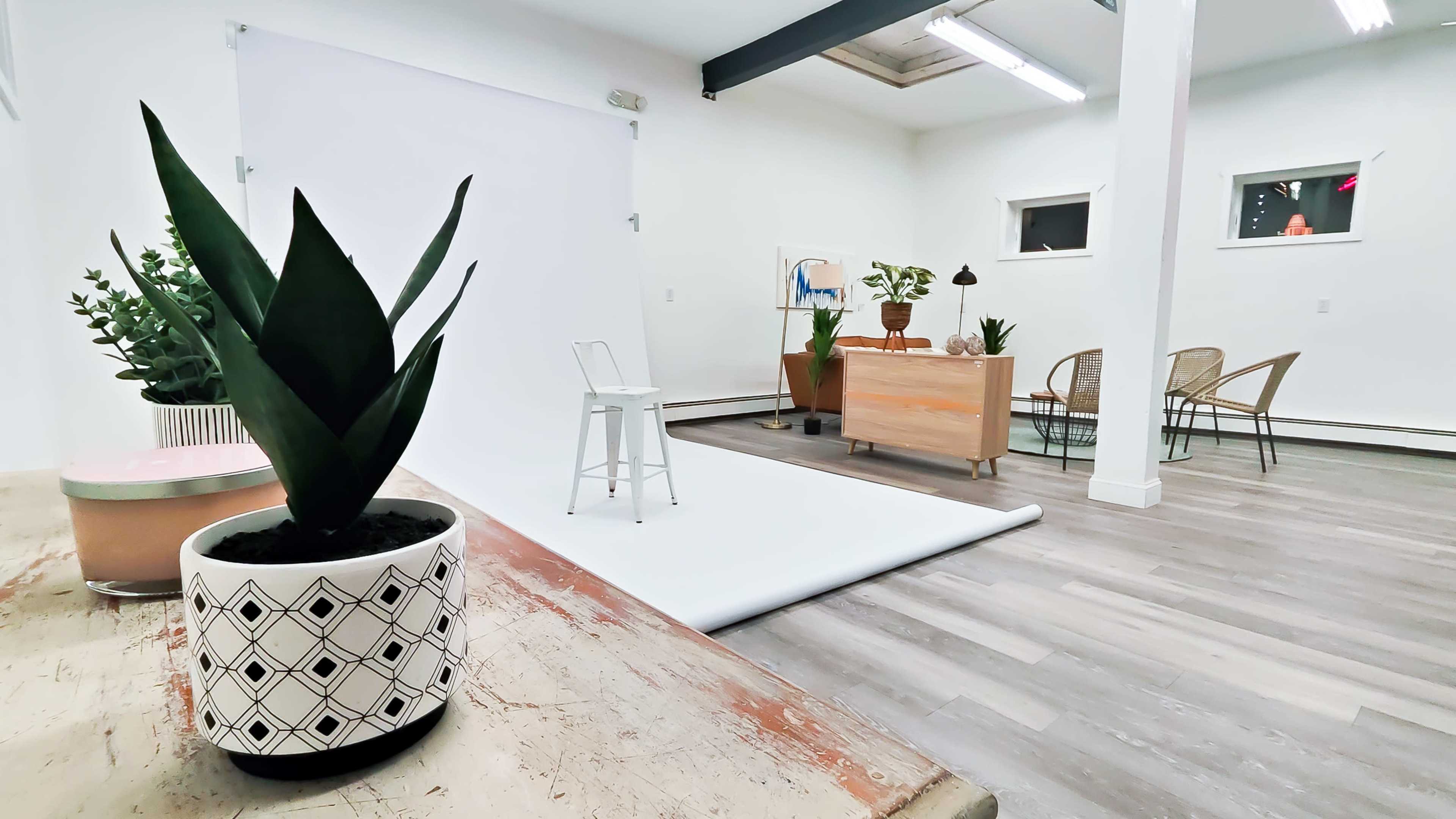 A bright studio space features a white backdrop, a wooden table with a potted plant, and various seating arrangements.