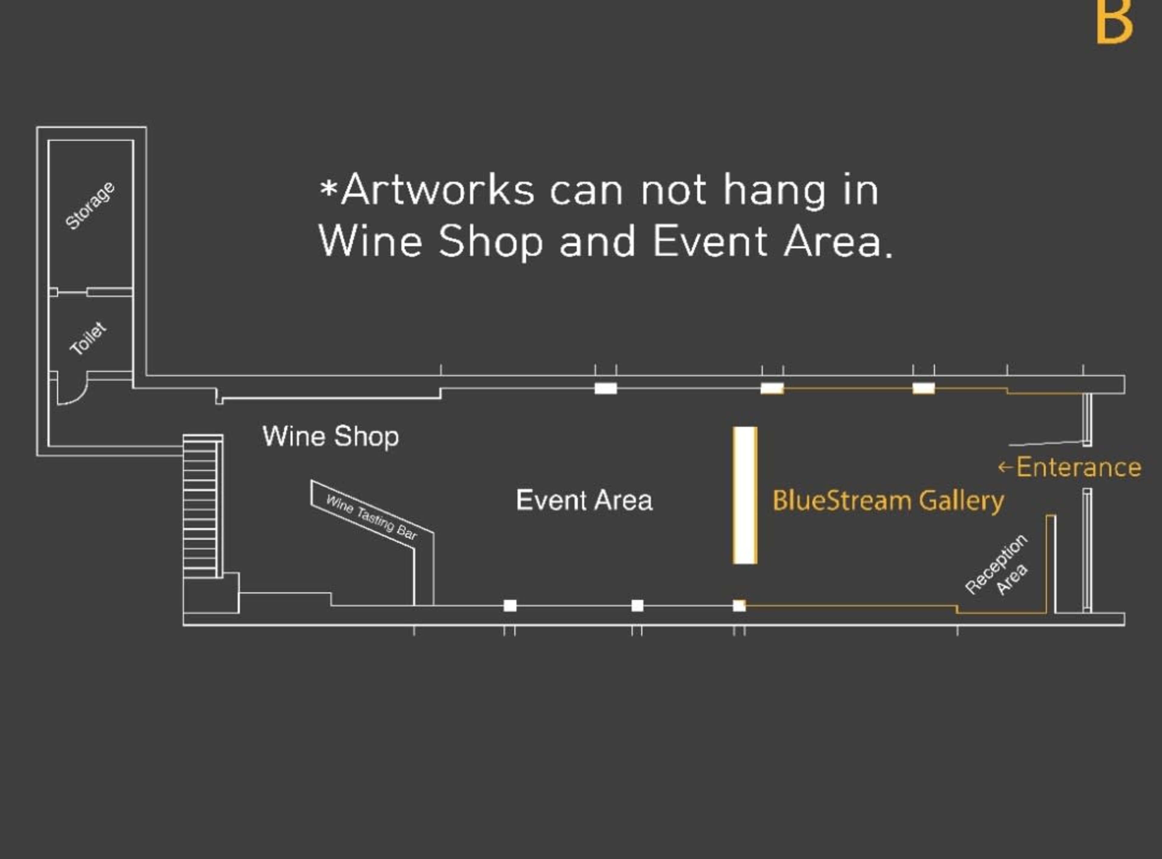 The image shows a floor plan layout featuring a Wine Shop, Event Area, and BlueStream Gallery, along with a storage area and restroom.