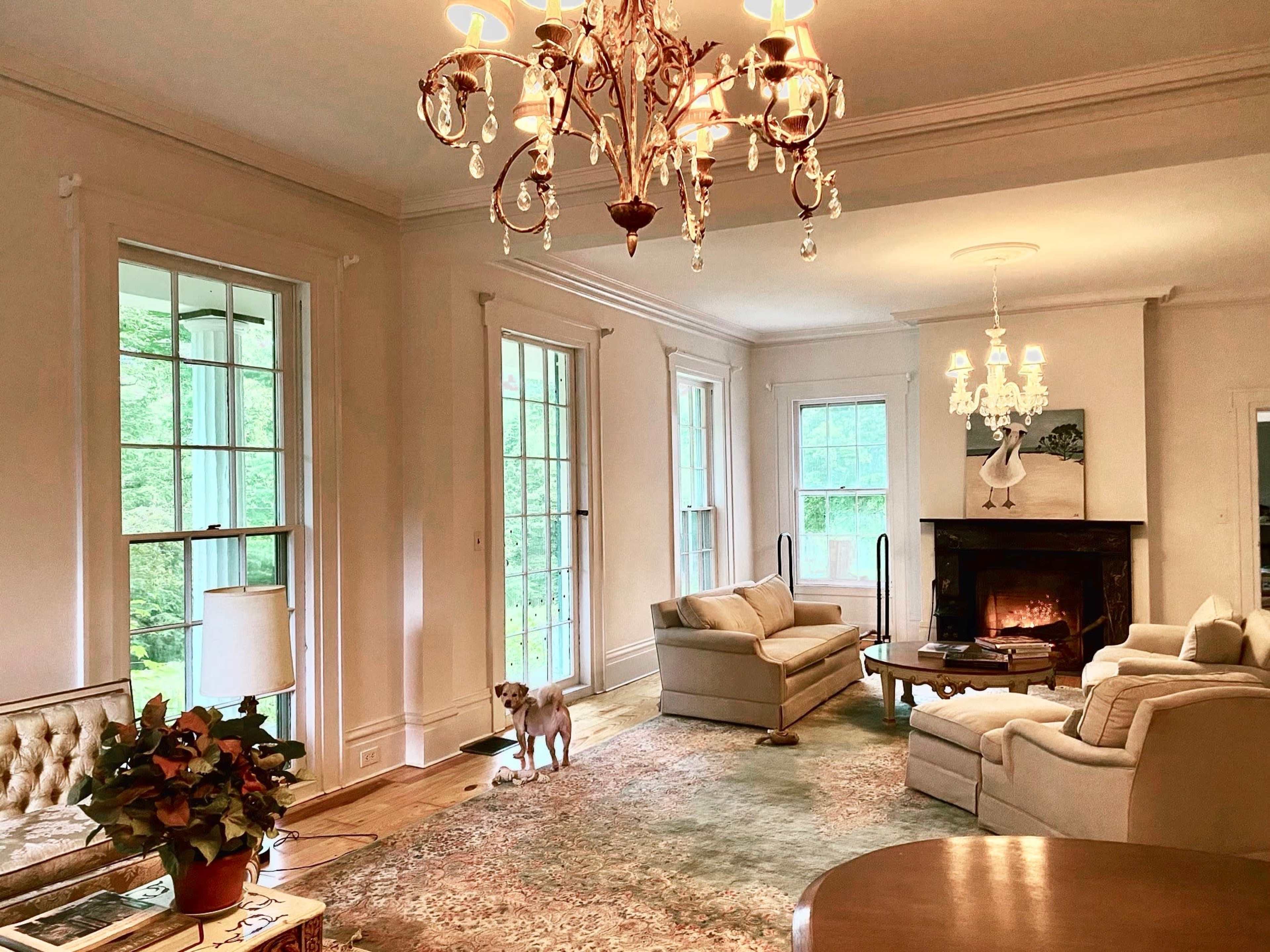 The room features a cozy sitting area with two sofas, a coffee table, a decorative chandelier, and a fireplace, with large windows allowing natural light to fill the space.