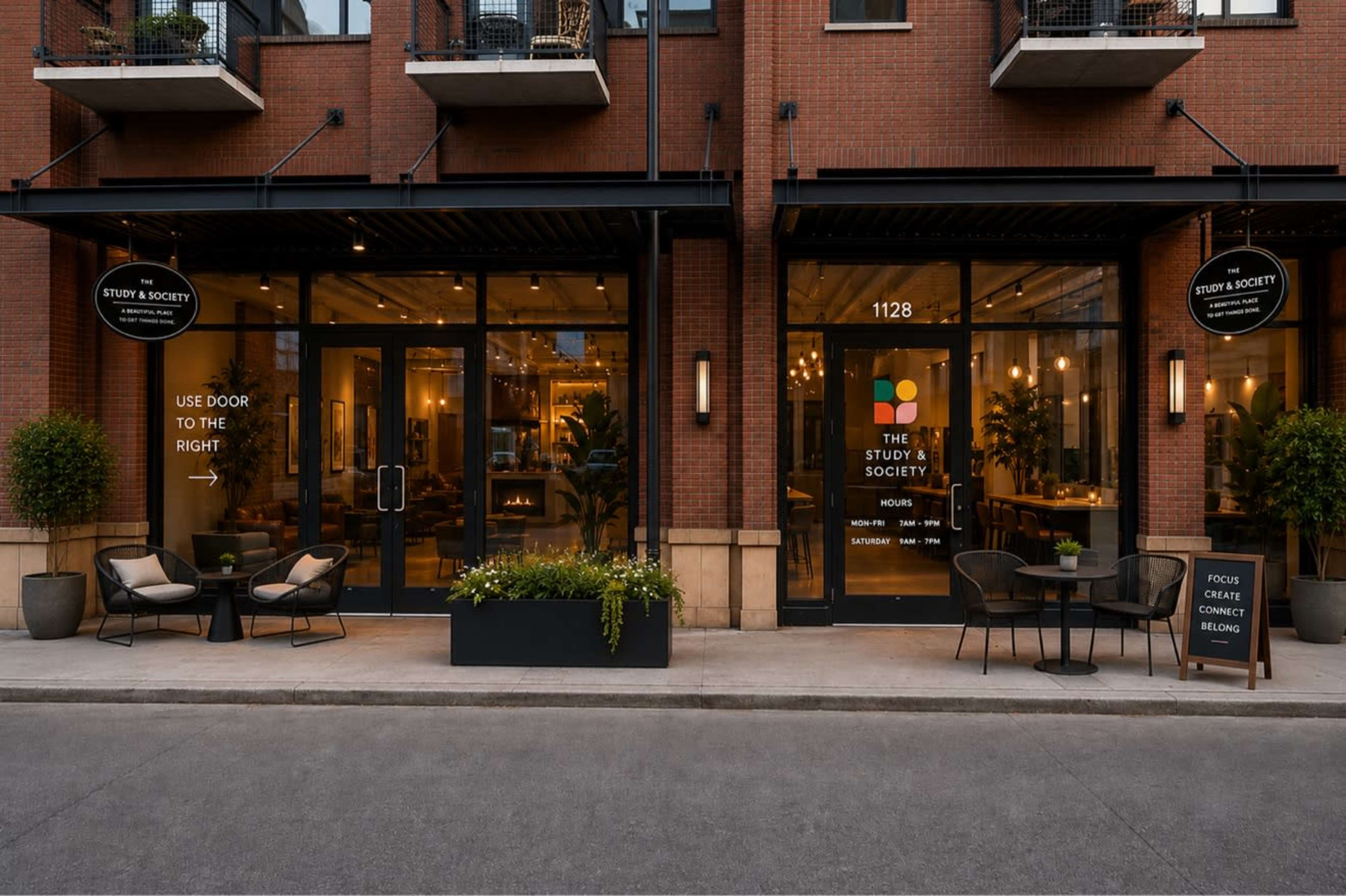 The image shows the exterior of a brick building featuring a storefront with large glass doors and a sign that reads "The Study & Society," alongside a welcoming patio area with planters.