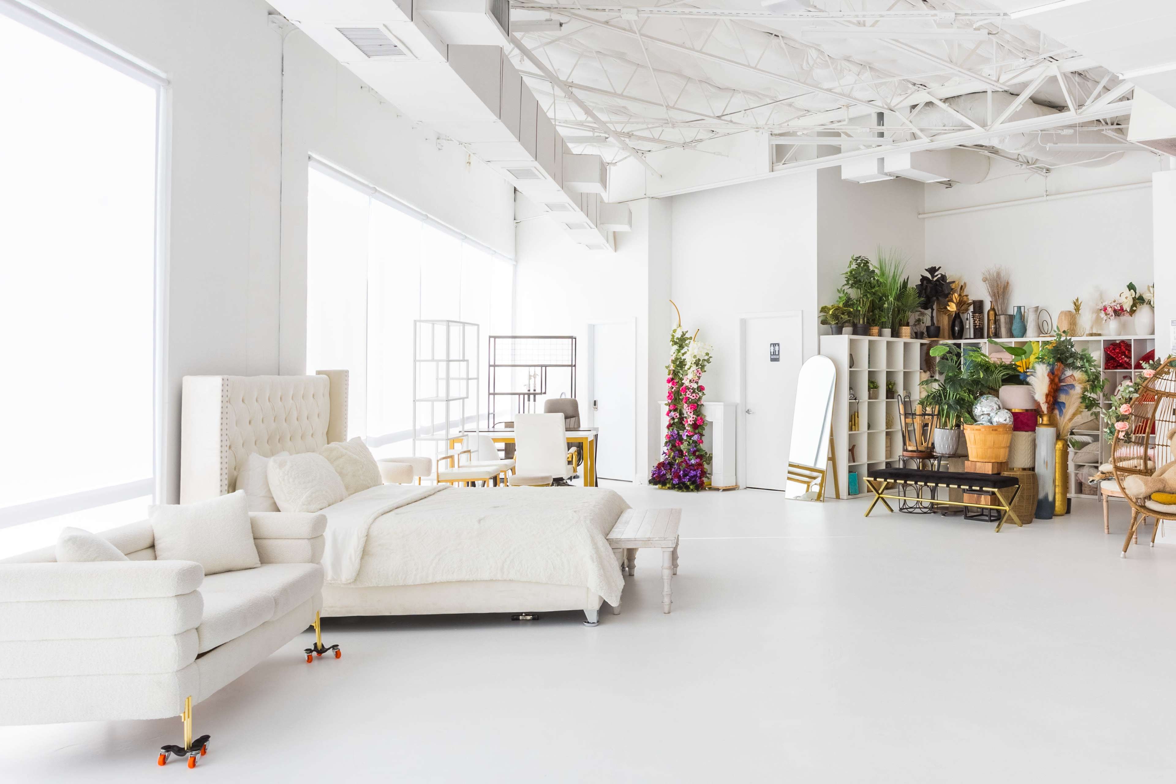 The image shows a bright, spacious interior featuring various furniture pieces, including a cream-colored sofa and a bed, alongside shelves filled with plants and decorative items.