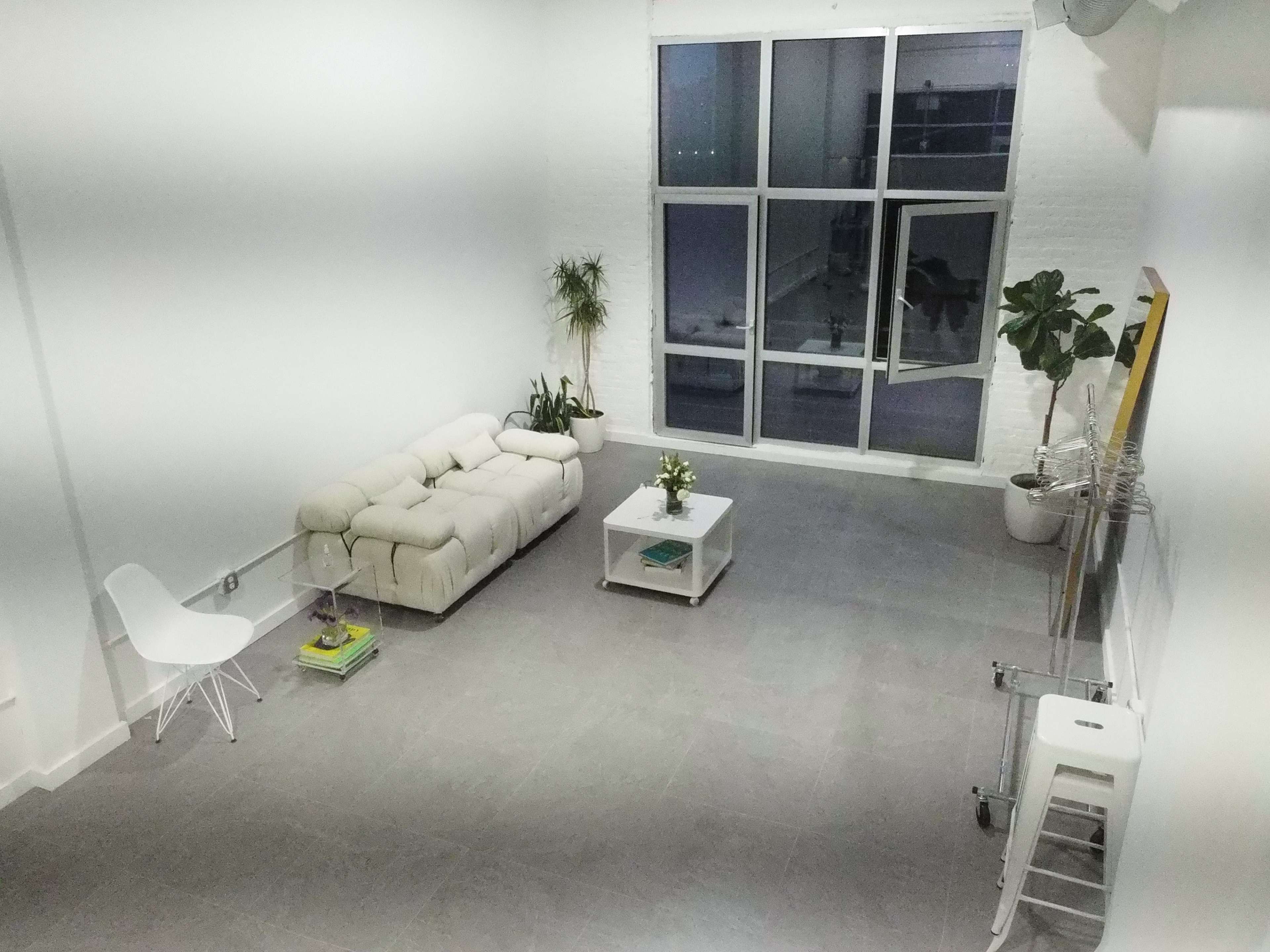 A spacious, minimalist room with a white sofa, a small coffee table, and a few plants near large windows.