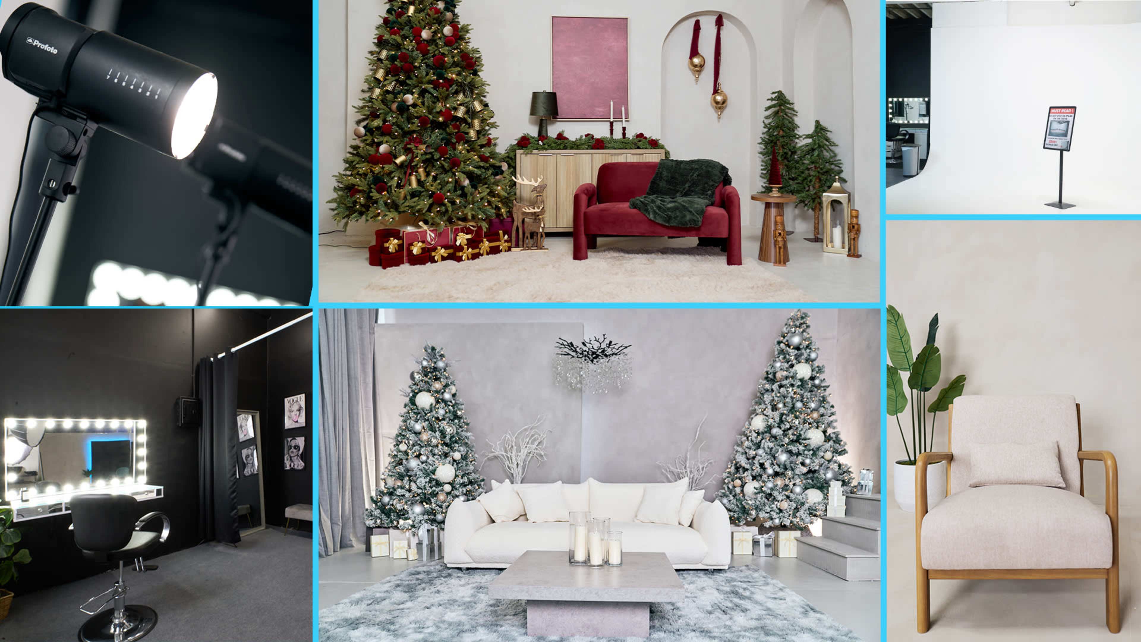 The image showcases a collage of five distinct interior scenes, featuring a holiday-themed living room, a modern lounge area, a beauty salon setup, a minimalist white room, and a cozy seating arrangement with decorative elements.
