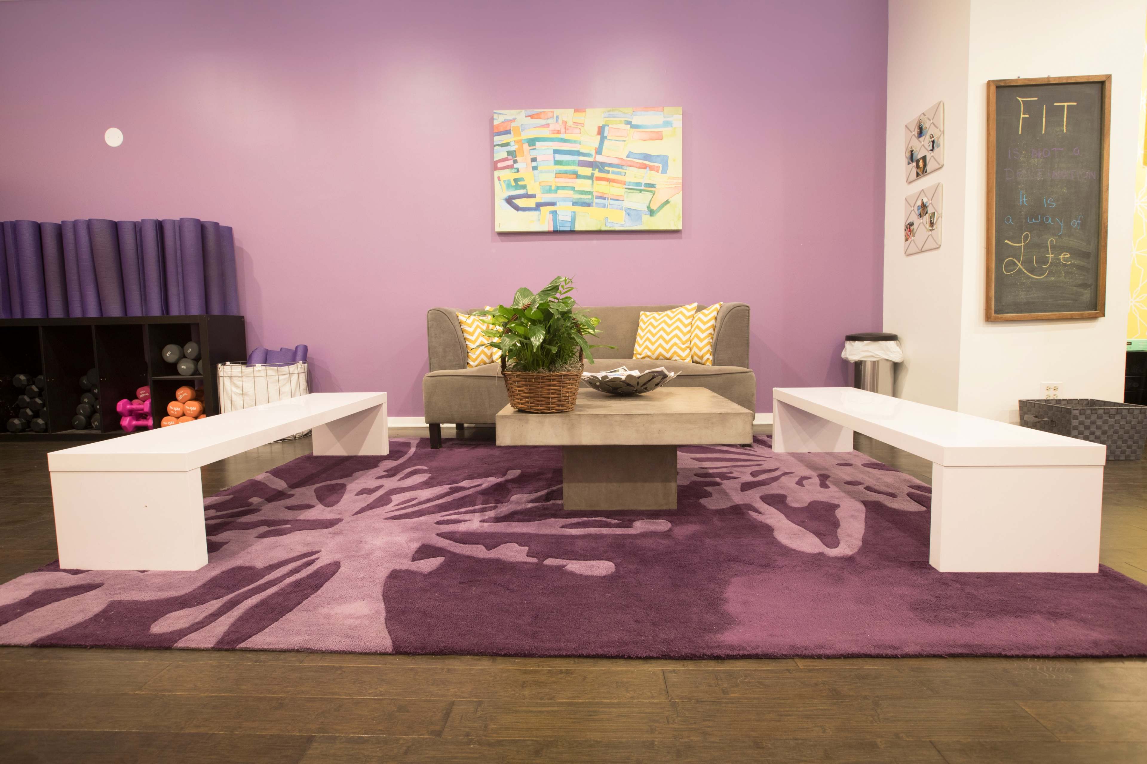 A modern seating area with a purple wall, a gray sofa, a coffee table, and two white benches, surrounded by fitness equipment and a colorful artwork.