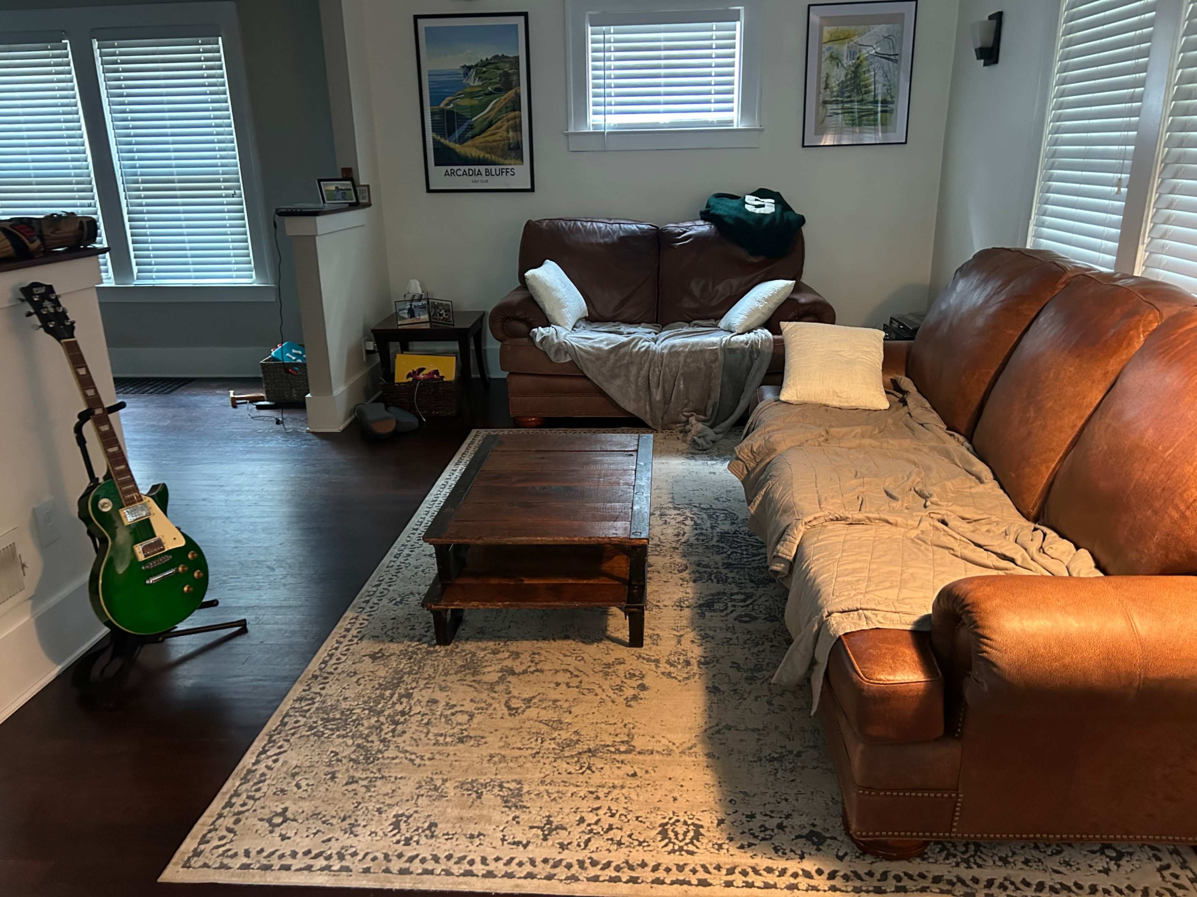 The image shows a living room with a brown leather sofa, a wooden coffee table, a green guitar leaning against the wall, and natural light coming through the windows.
