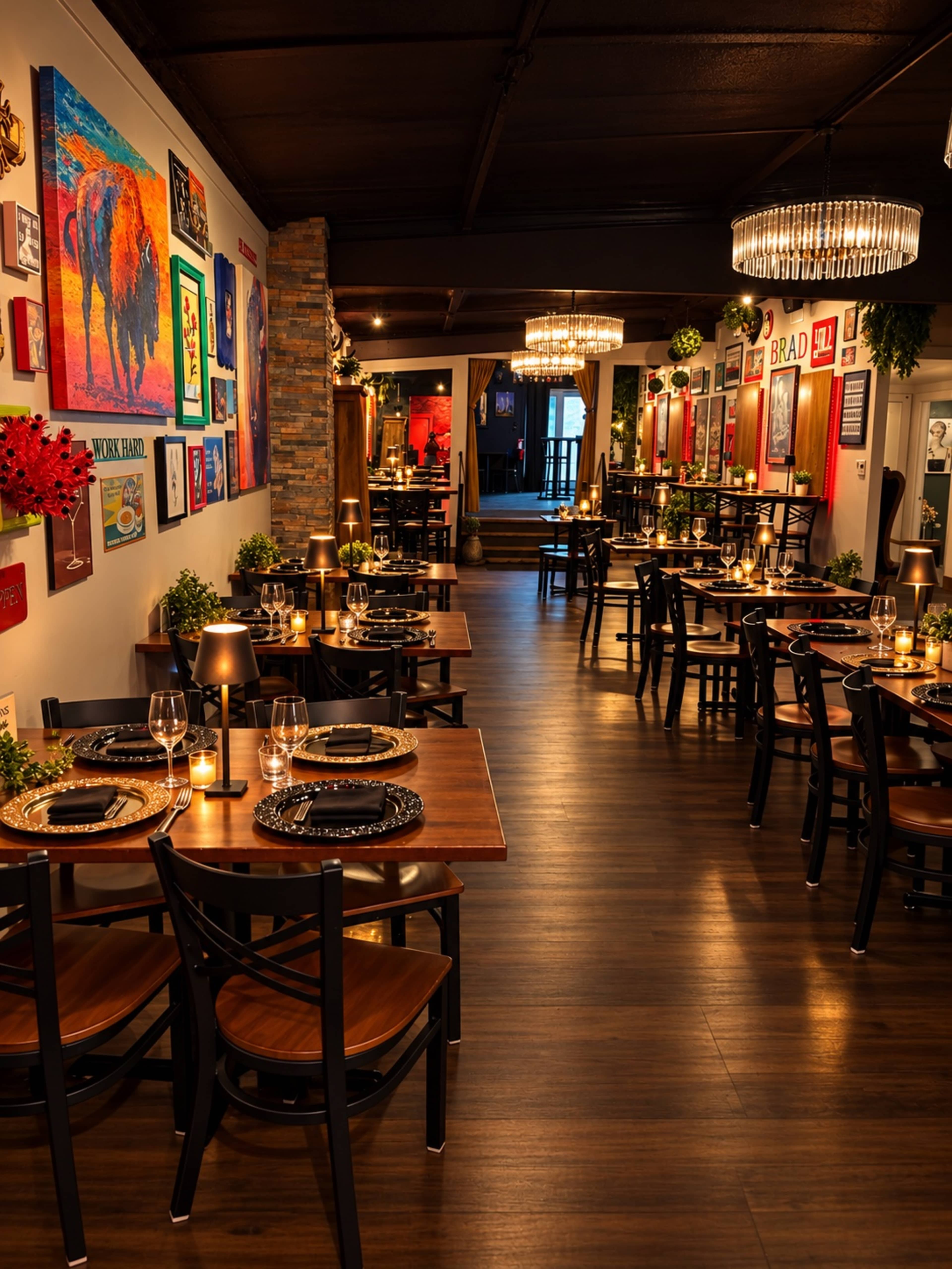 The image shows a warmly lit restaurant interior featuring wooden tables, black chairs, and colorful artwork on the walls.
