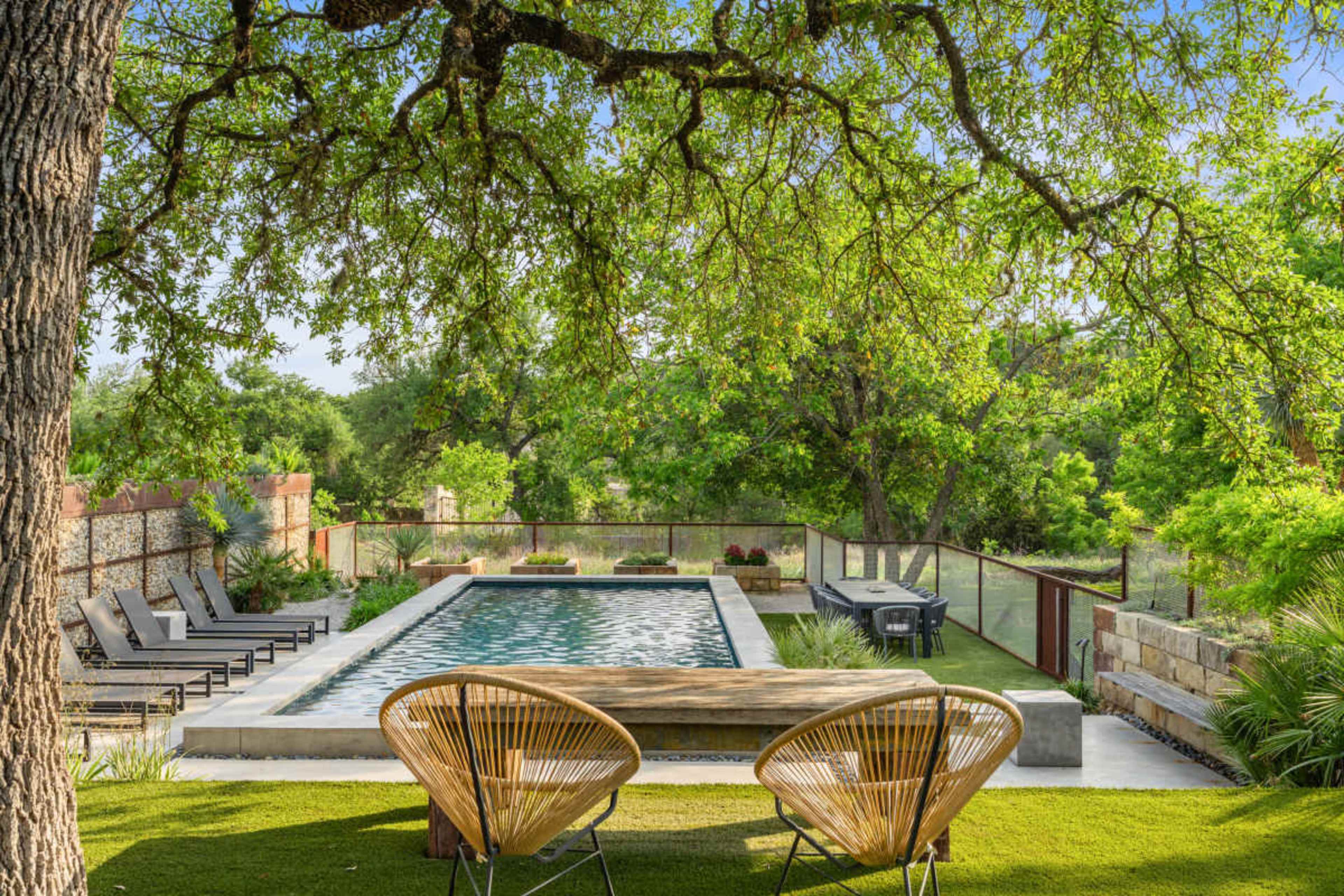 A modern swimming pool is surrounded by lounge chairs and a wooden bench under the shade of a large tree.
