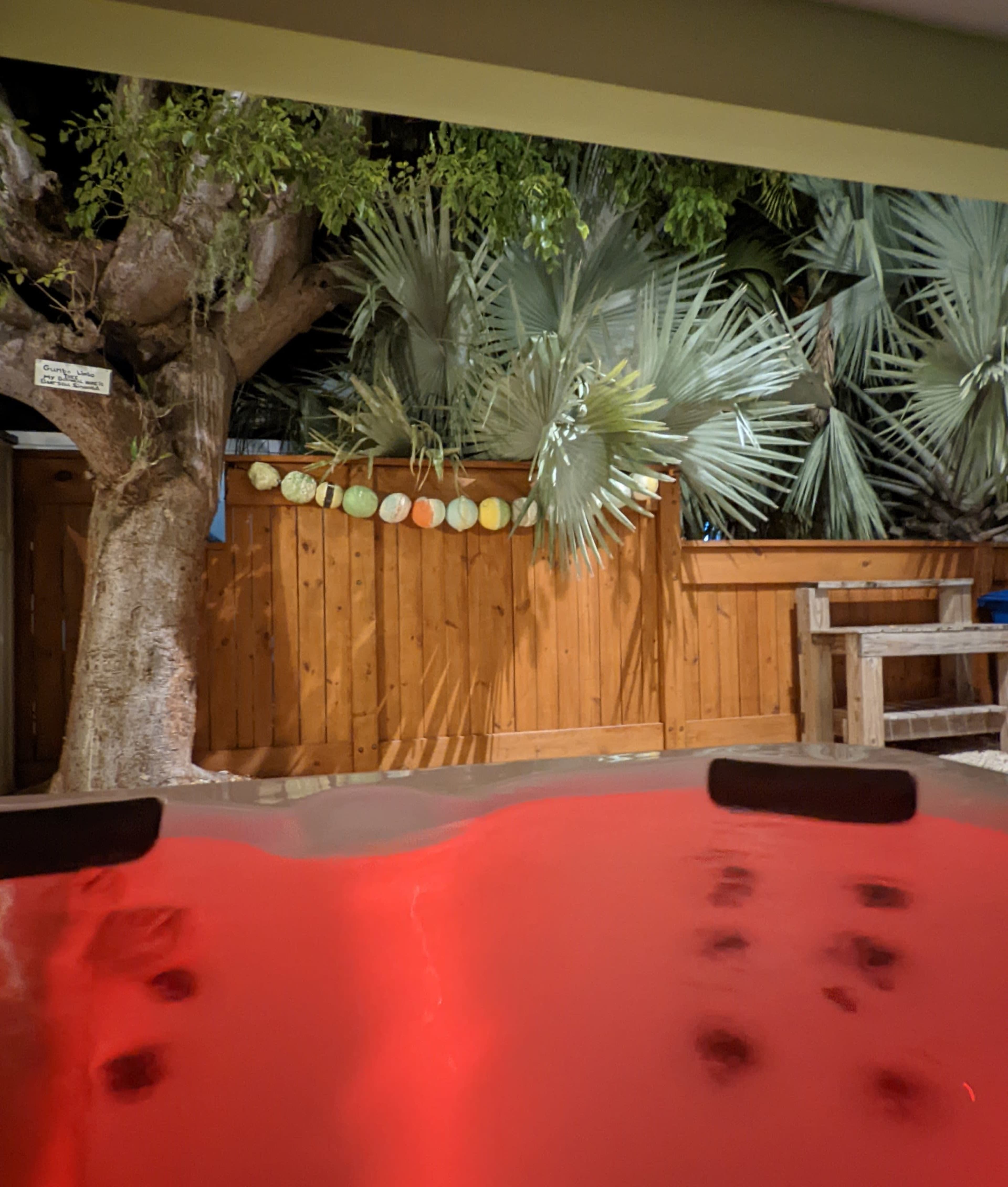 A hot tub with red lighting in the foreground, and a wooden fence with palm leaves and decorations in the background.