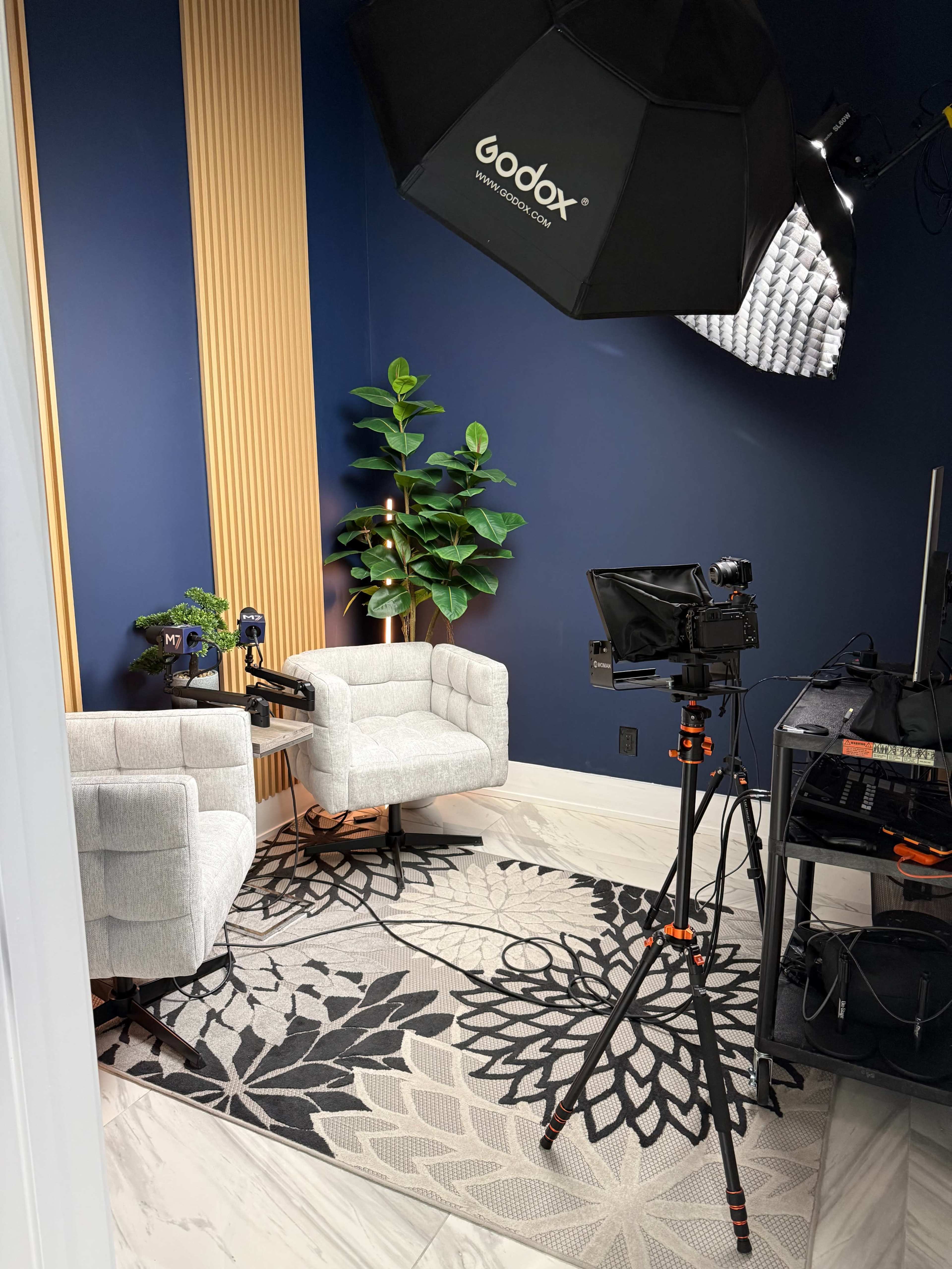 The scene features a small recording studio with two light gray chairs, a patterned rug, a camera on a tripod, and studio lighting set against a dark blue wall with wood paneling and a potted plant.