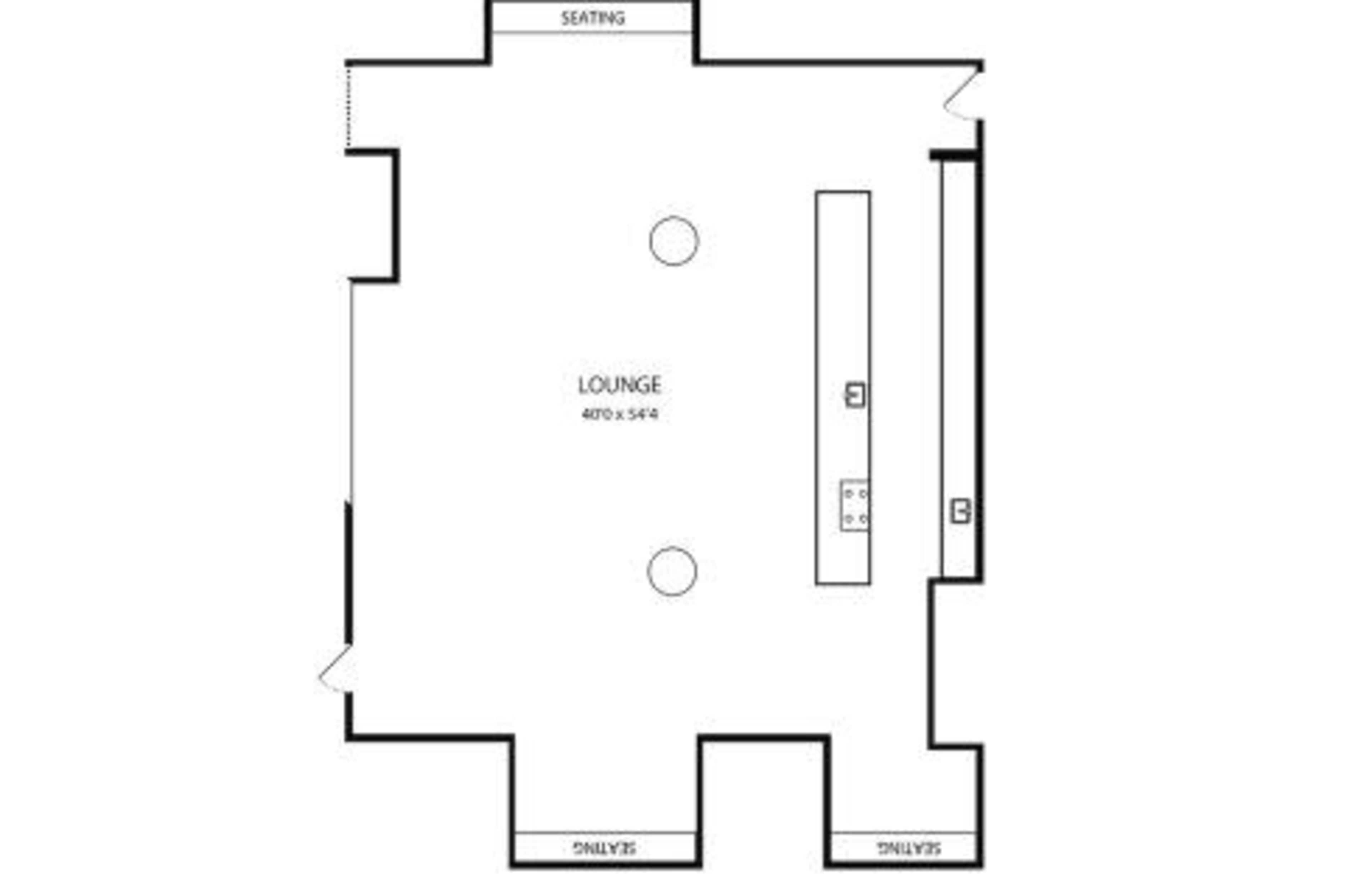 The image shows a floor plan of a lounge area featuring a central section with seating, labeled "LOUNGE," and a bar area at one end.