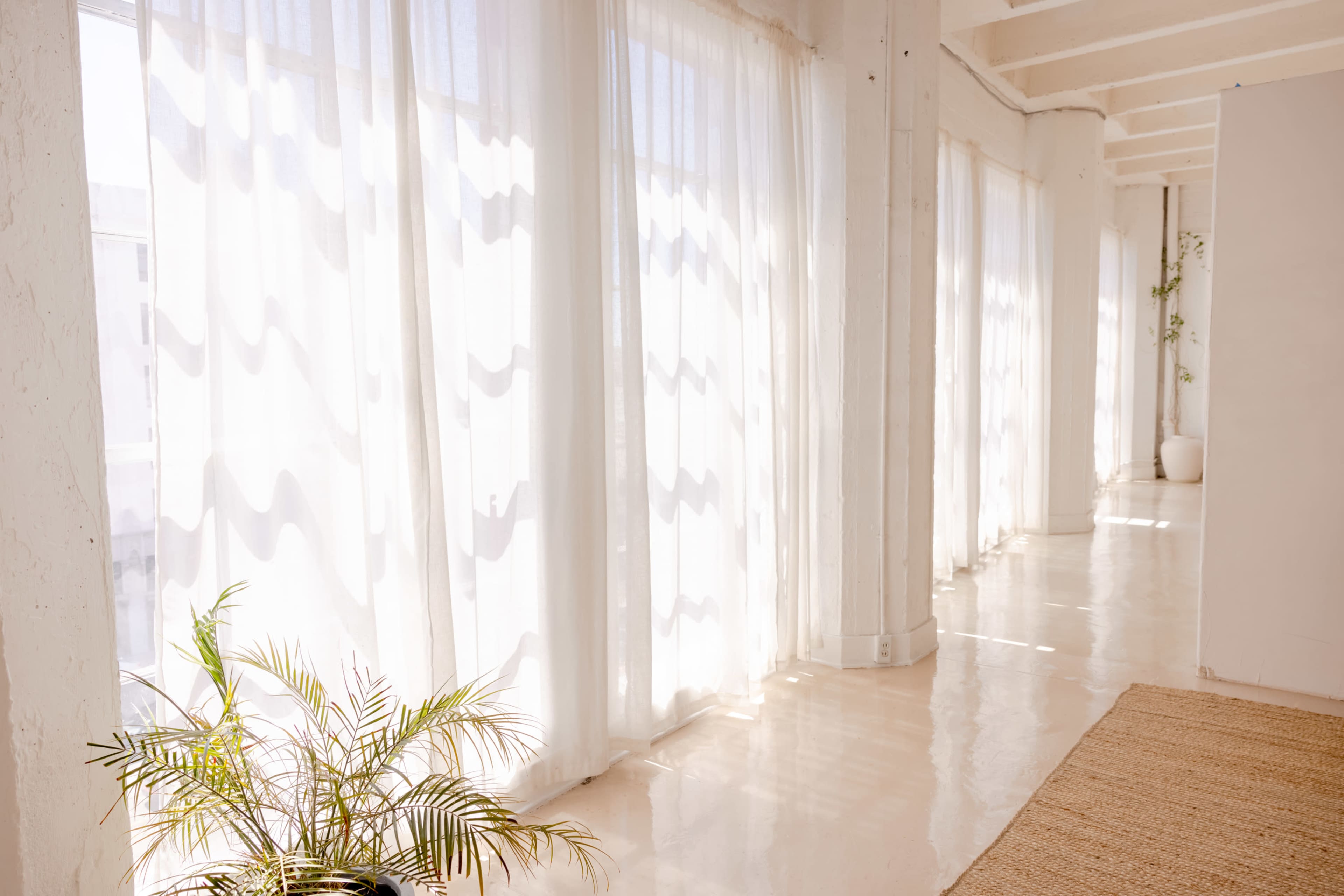 A well-lit room features sheer, wavy curtains along large windows with a potted plant and a woven rug on the floor.