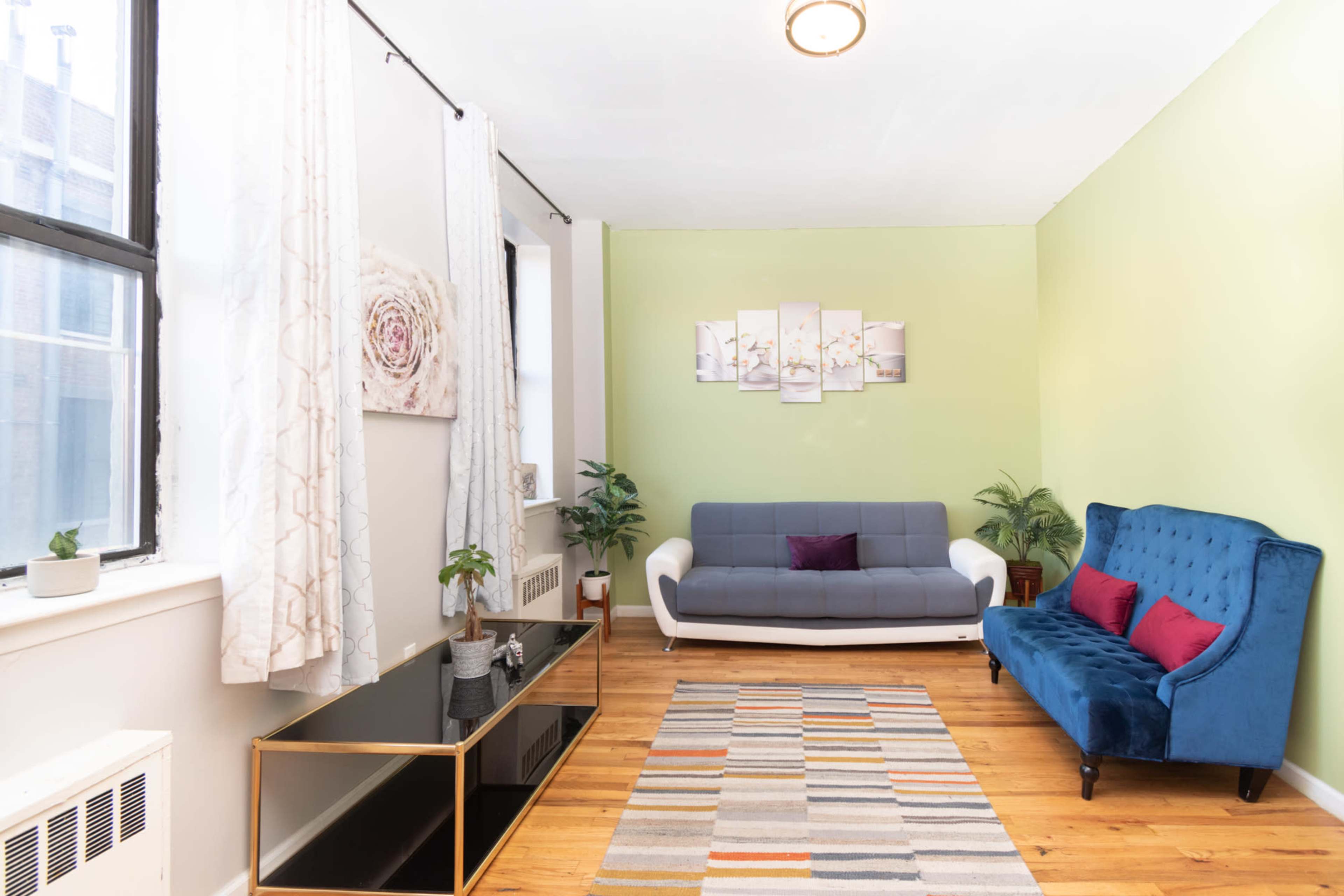 The image shows a bright living room featuring two couches, a decorative coffee table, plants, and a colorful area rug on a wooden floor.