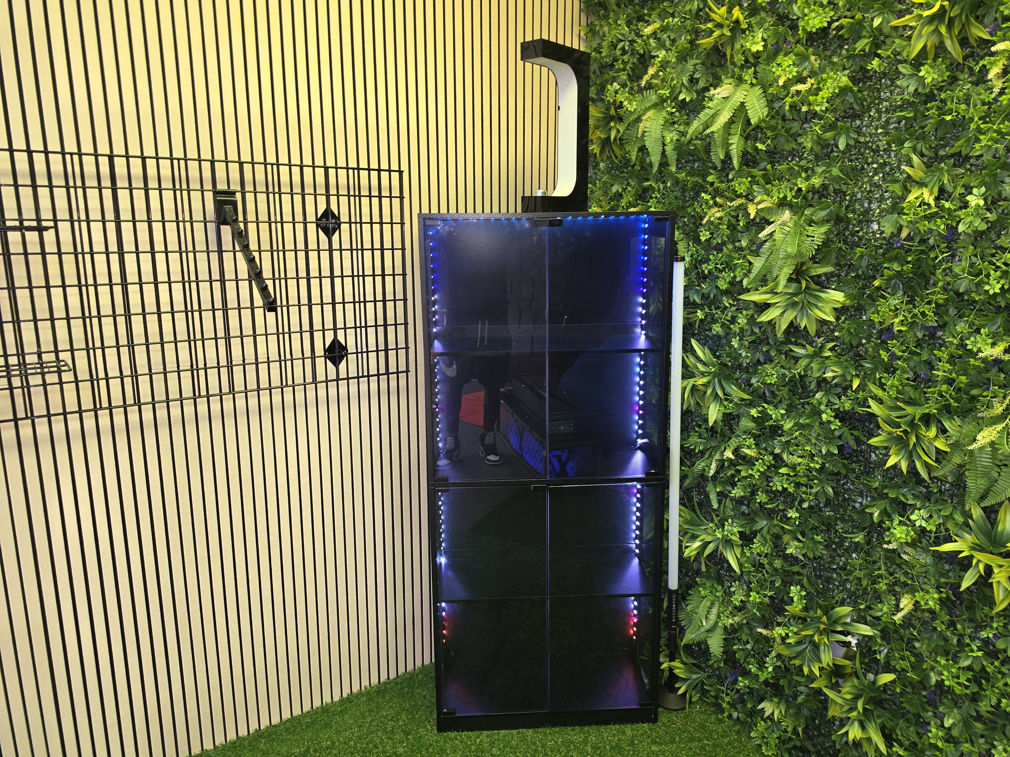 The image shows a tall, black display unit with glass panels illuminated by blue lights, positioned against a greenery-covered wall.