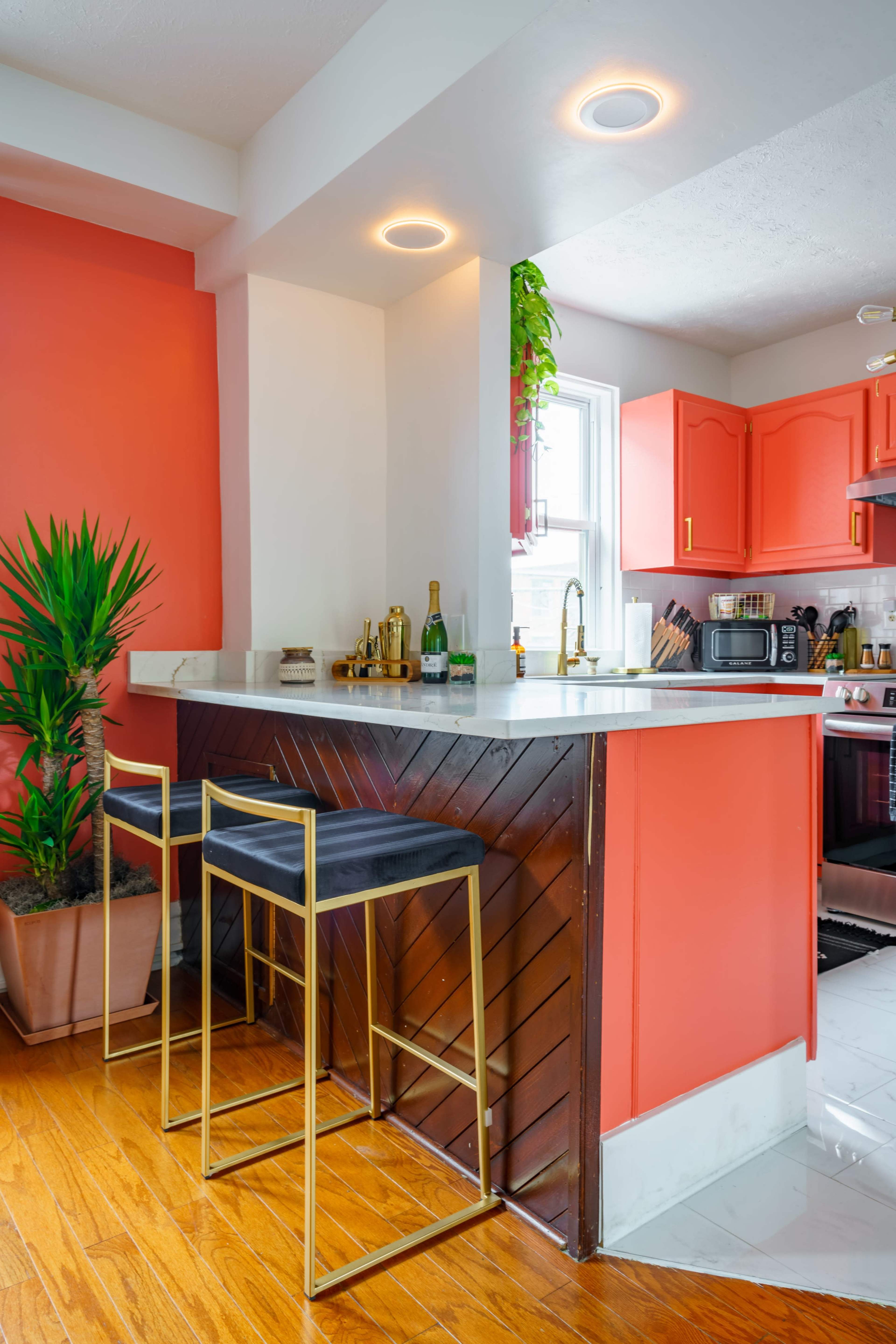The image features a modern kitchen corner with a small bar area, highlighted by an adjacent potted plant and bright orange walls.