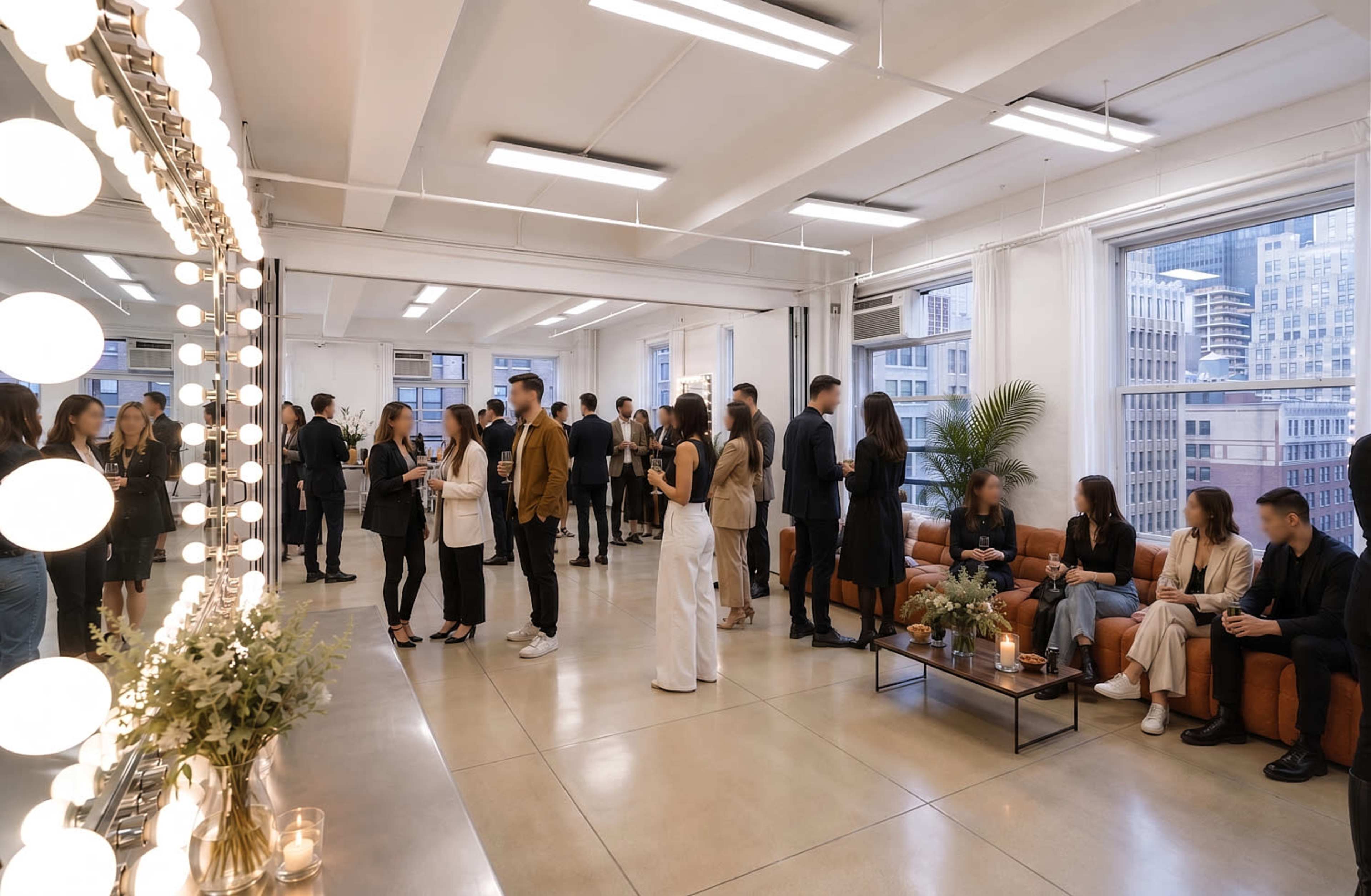 The image depicts a well-lit urban event space where several groups of people are engaged in conversation, with large windows revealing a city skyline.