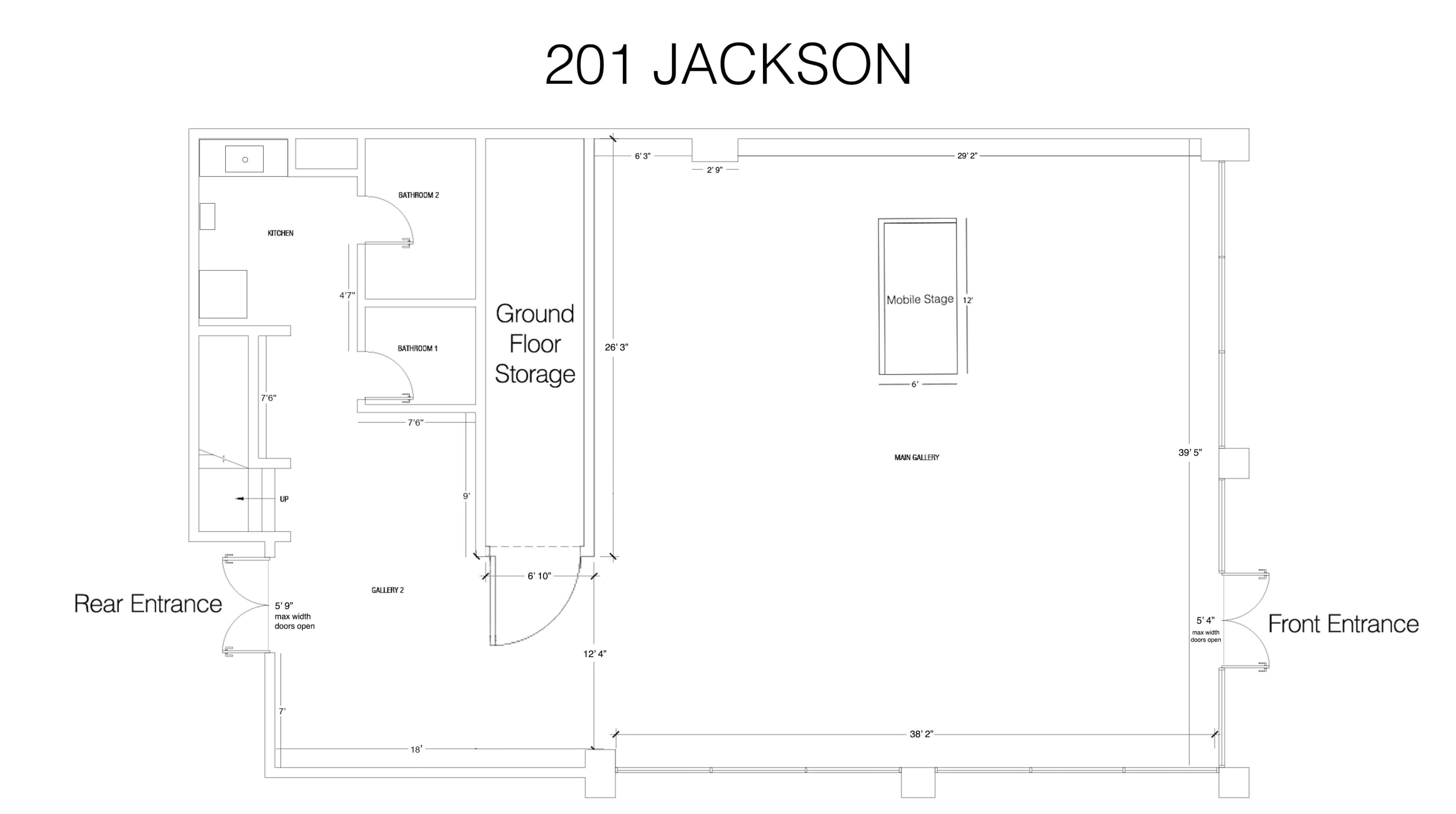 The floor plan of 201 Jackson shows designated areas for a ground floor storage, mobile stage, and entrances at the front and rear.