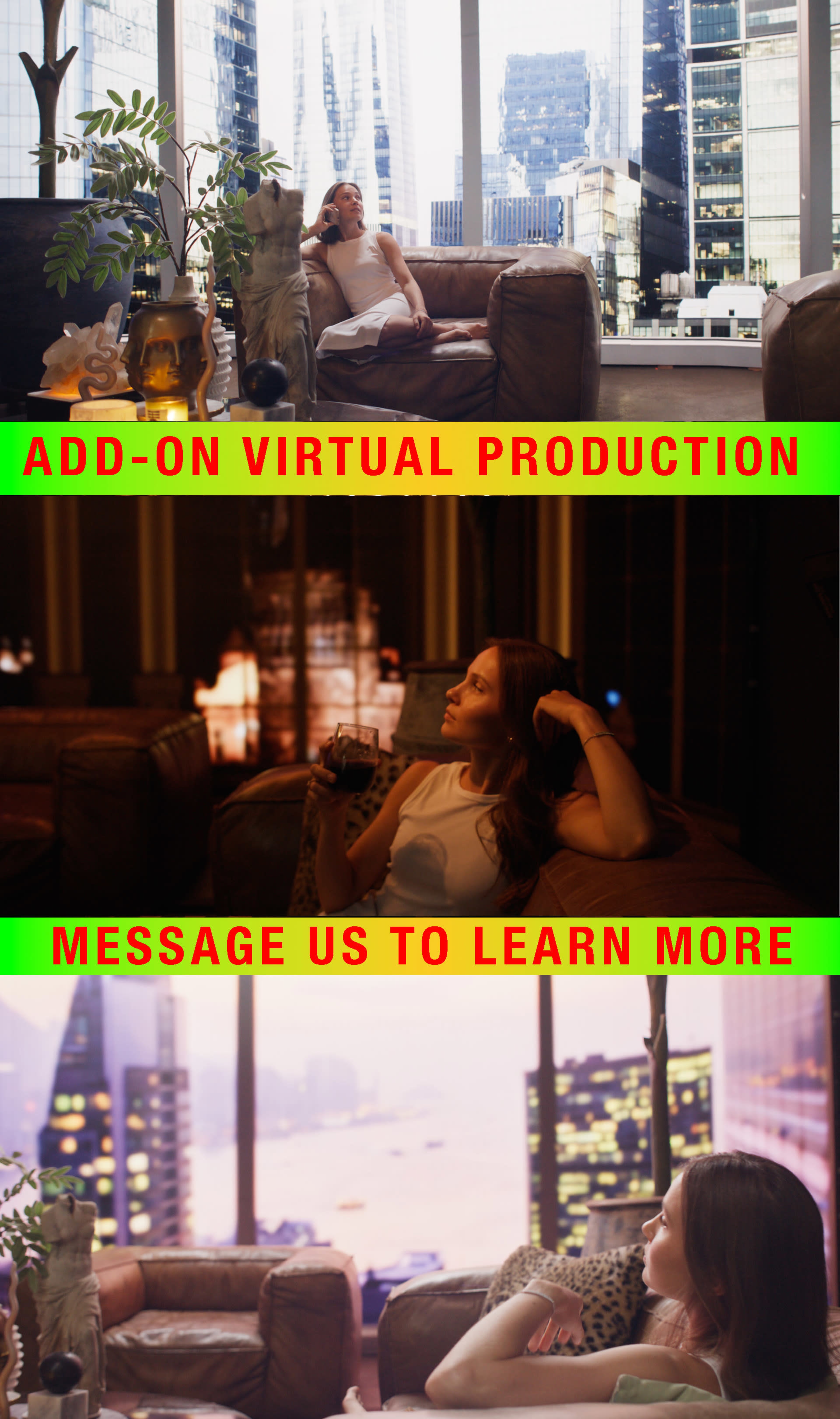 The image features a woman lounging on a couch in a modern apartment, with large windows showcasing a city skyline, accompanied by text promoting virtual production services.