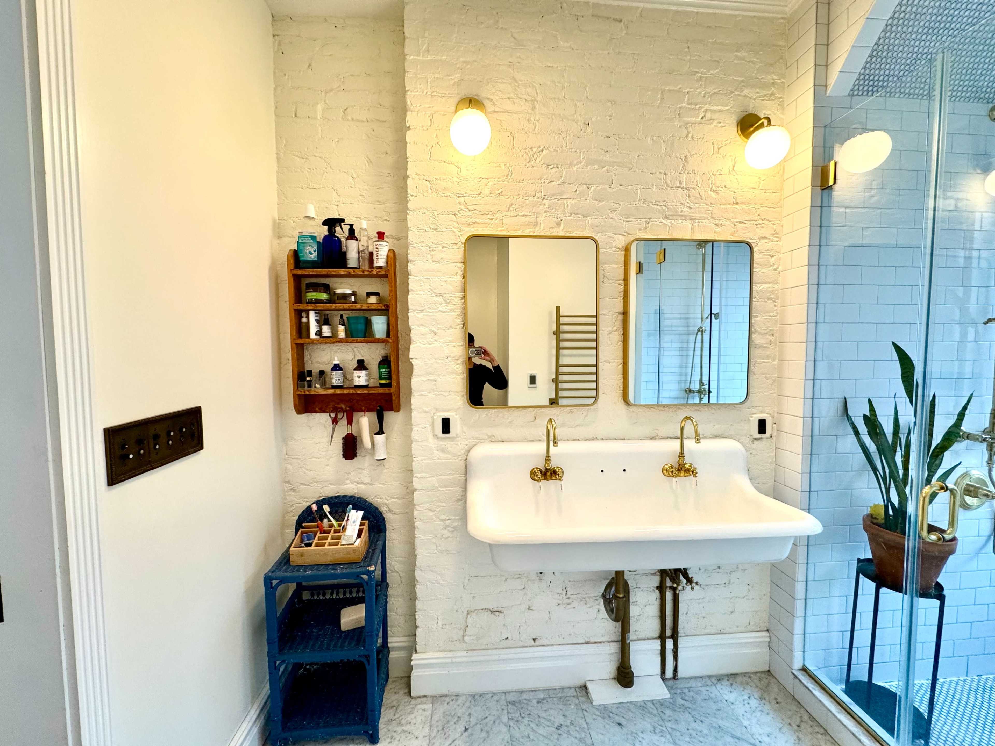 The image shows a modern bathroom with a double sink, two mirrors, a wooden shelf holding toiletries, a plant, and a glass shower enclosure.
