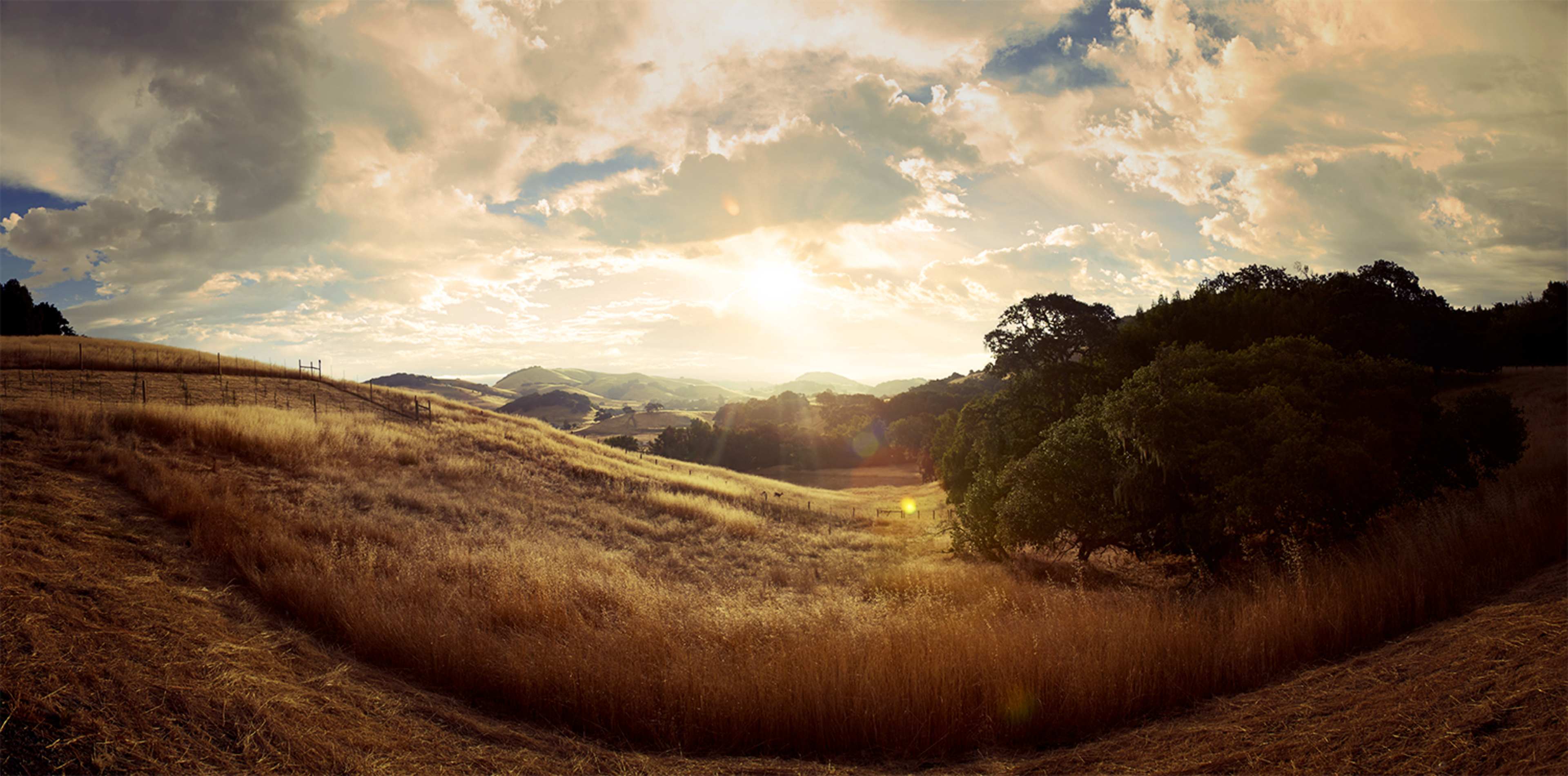 A panoramic view of rolling hills covered in dry grass under a sunset sky with scattered clouds.