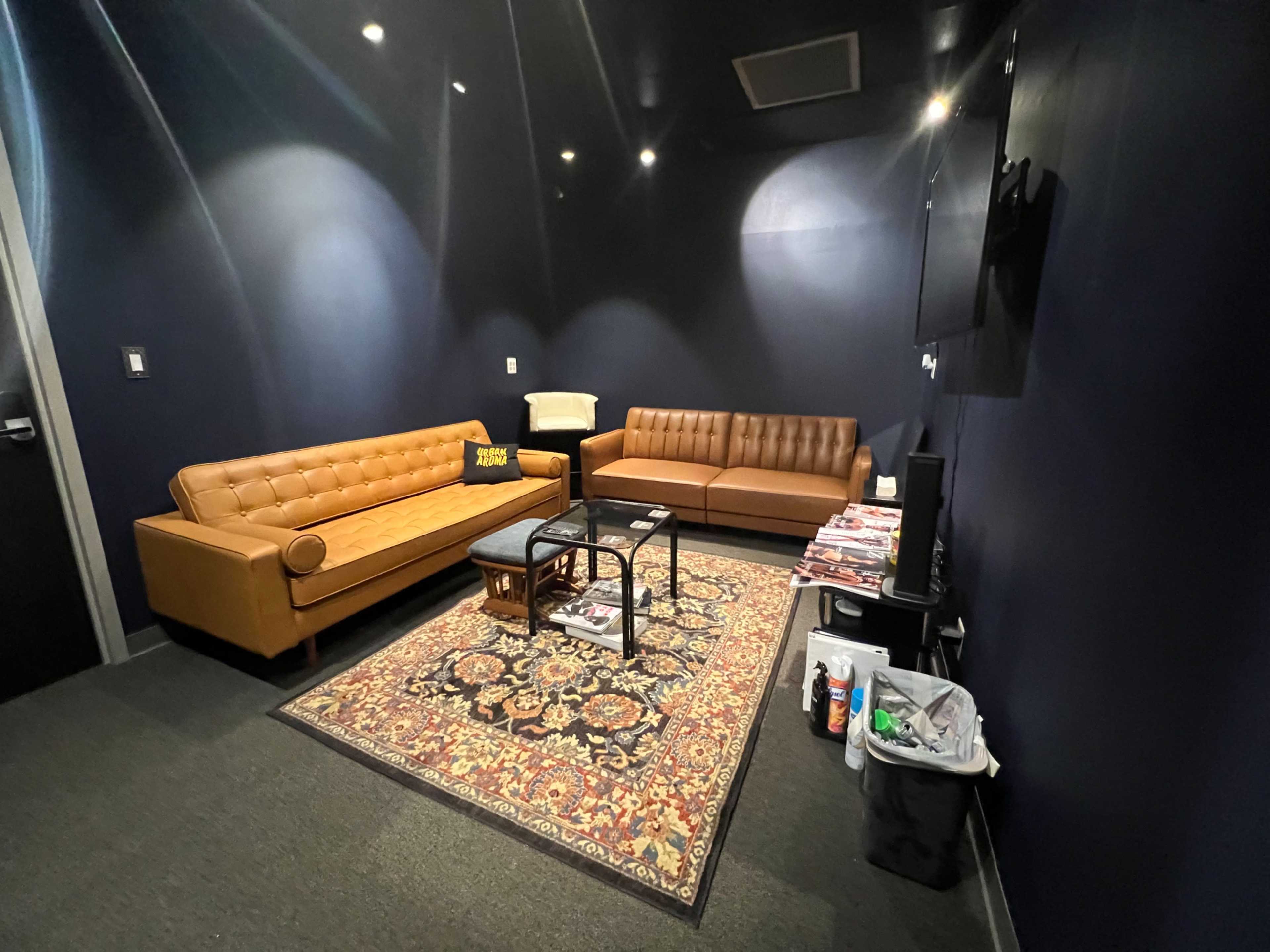 A small lounge area with two couches, a coffee table, a rug, and a television on the wall.