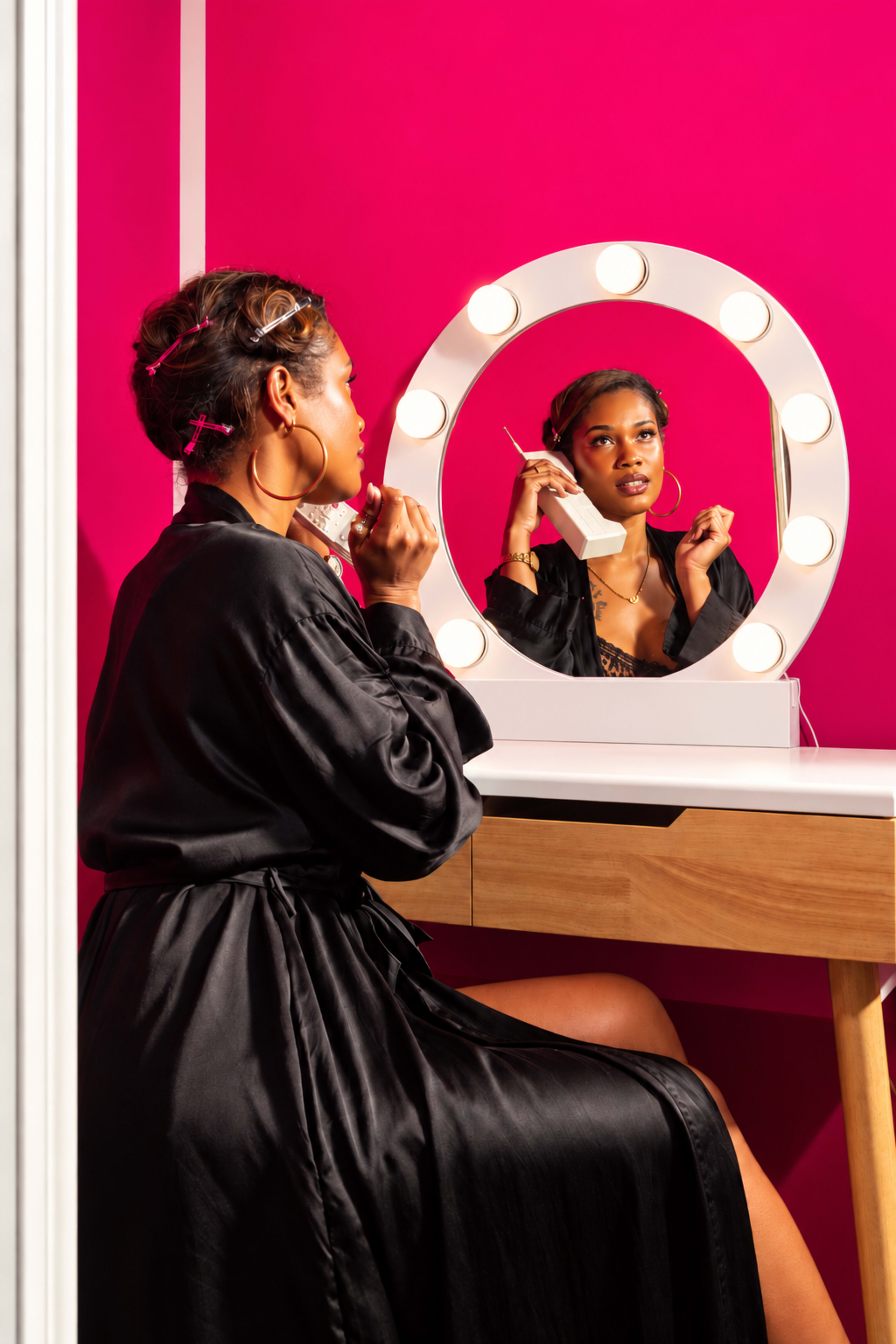 A woman in a black robe sits at a vanity with a round mirror lit by bulbs, applying makeup against a bright pink backdrop.