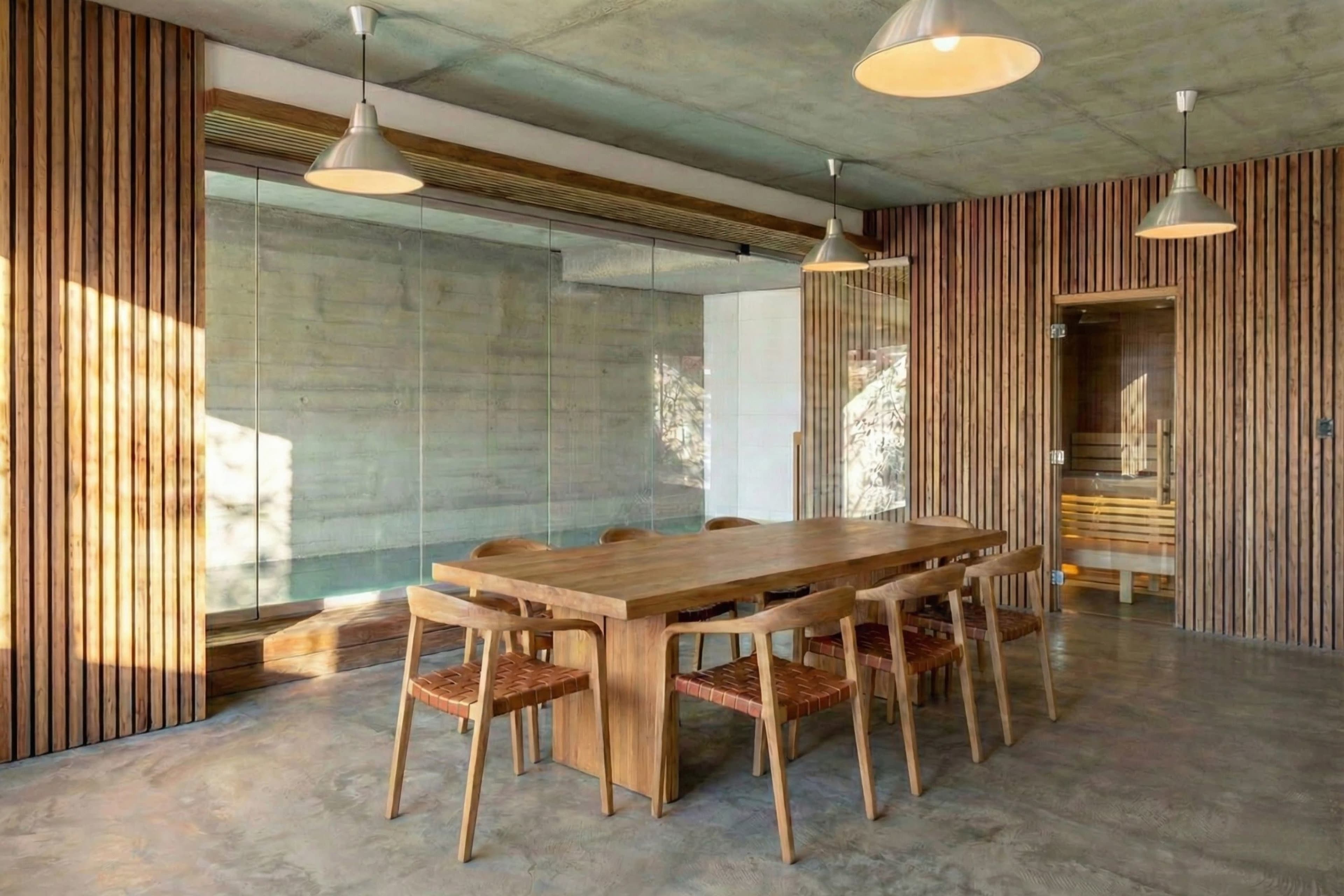 The image shows a modern dining area featuring a wooden table surrounded by chairs, with exposed concrete walls and large windows that allow natural light to enter the space.