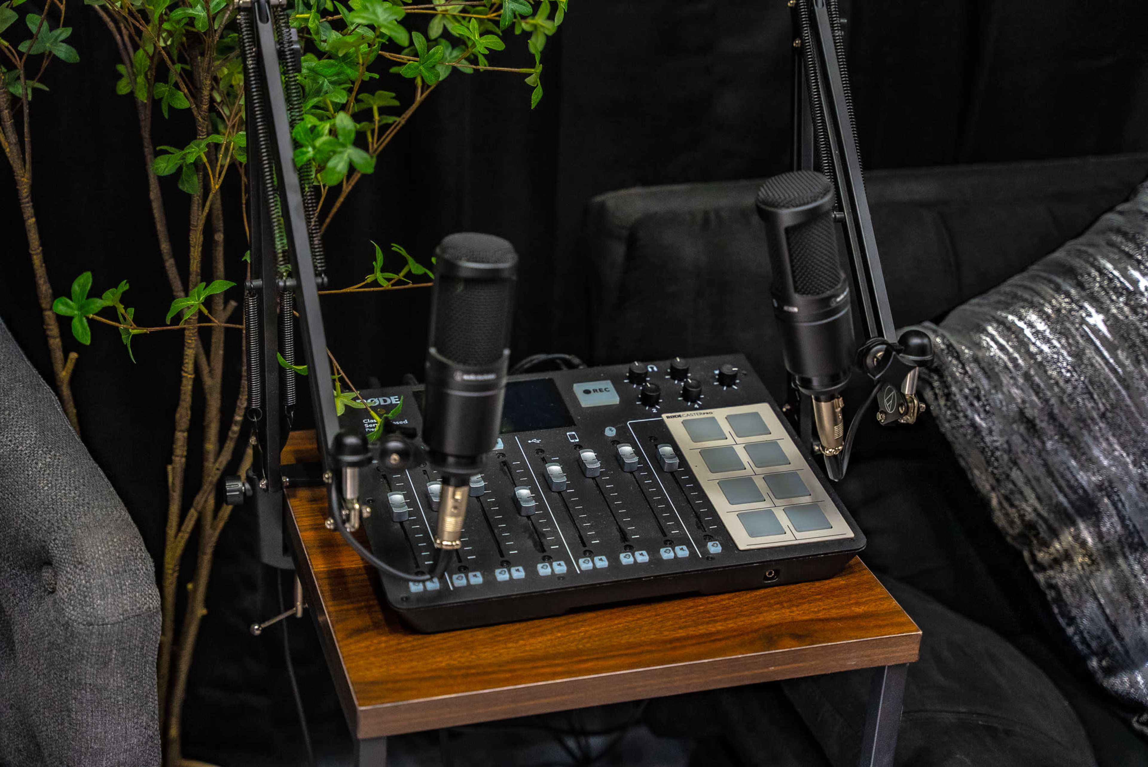 A digital audio mixer with two microphones is positioned on a wooden table beside a couch and a potted plant.