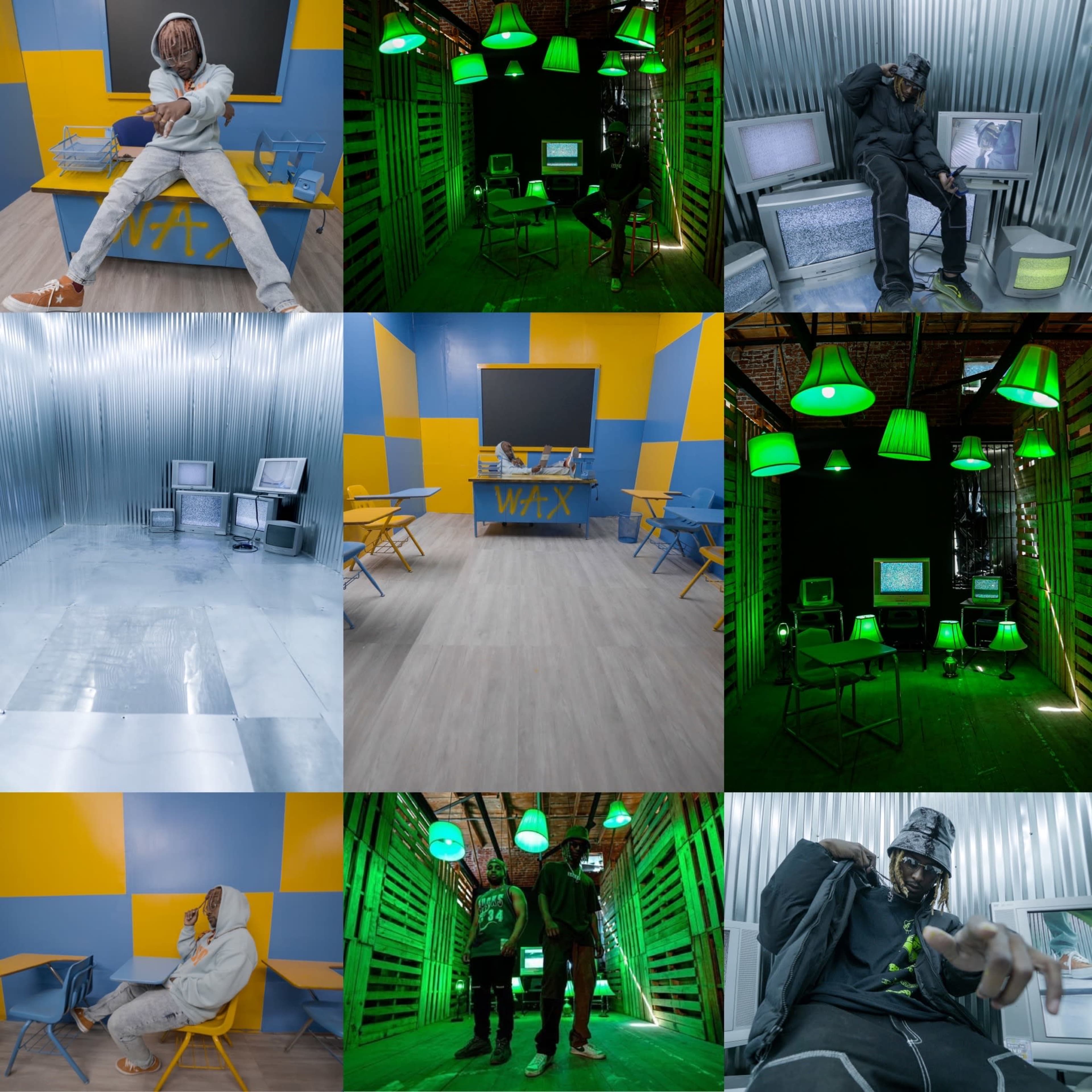 The image features a grid of nine photographs showcasing a colorful, green and yellow interior resembling an creative workspace with various setups, including people interacting with vintage computers and modern technology.