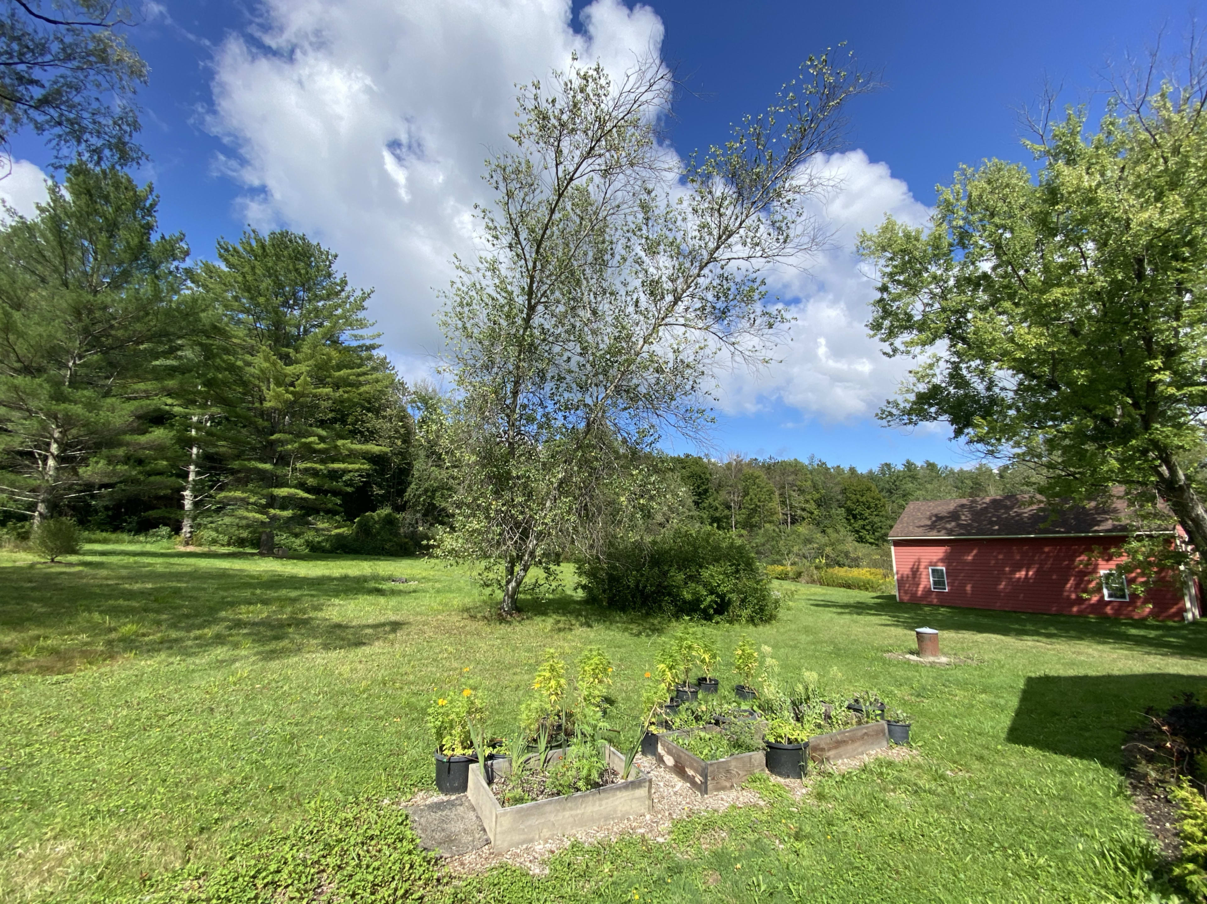 A garden bed with potted plants is set against a backdrop of grass, trees, and a red barn under a partly cloudy sky.