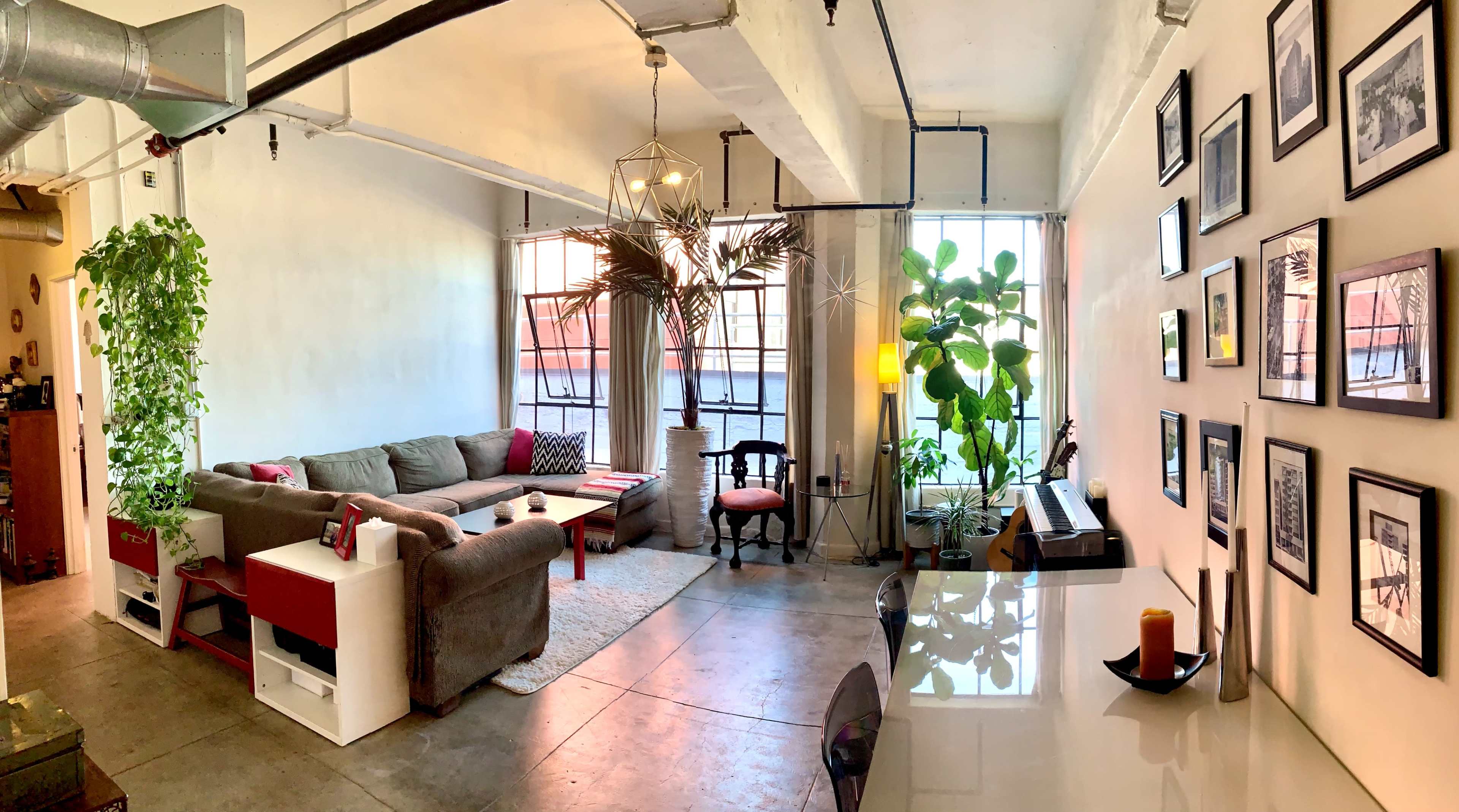 The image shows a modern living space with a gray sectional sofa, a dining area, and large windows adorned with plants.