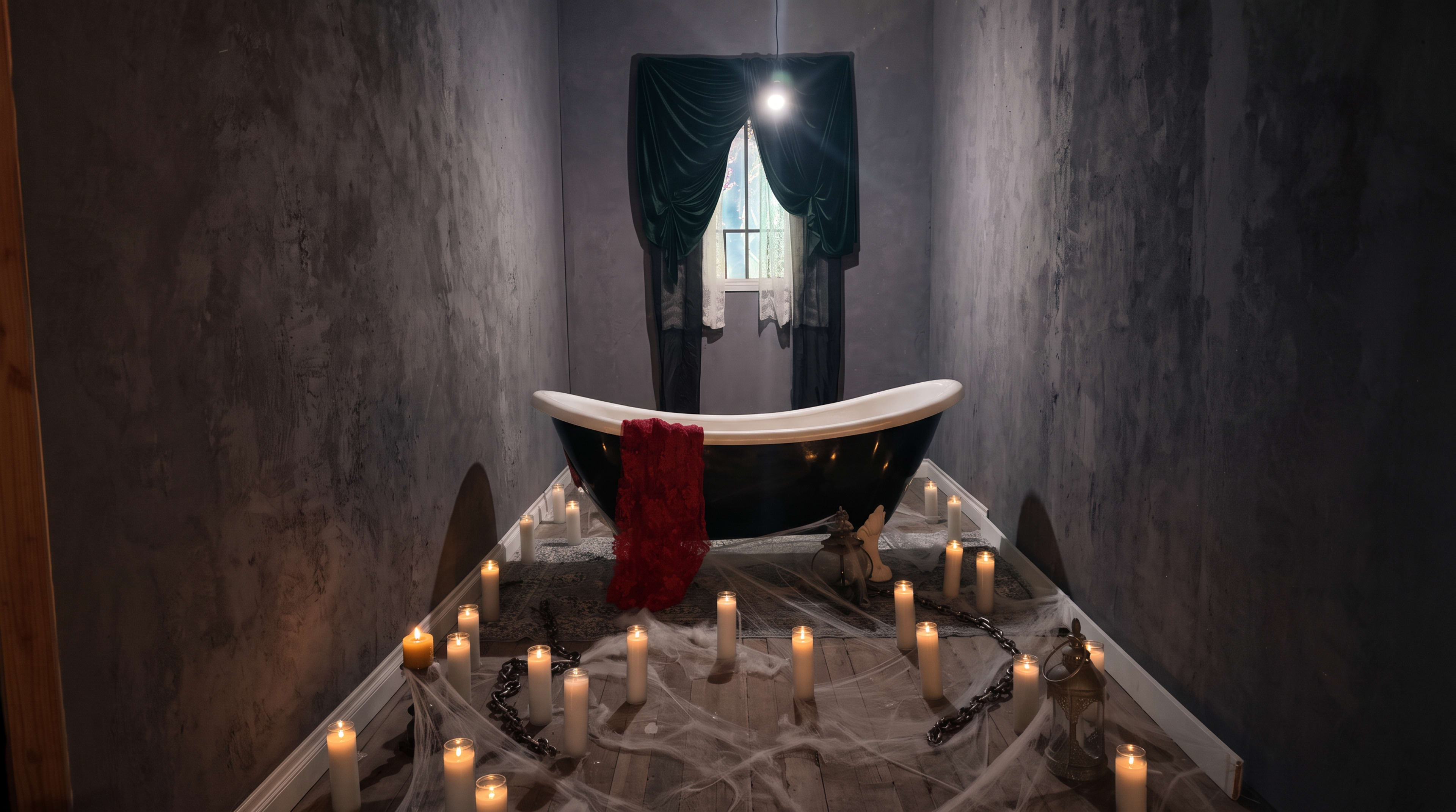 A vintage bathtub sits in a dimly lit room surrounded by lit candles and draped cobwebs.