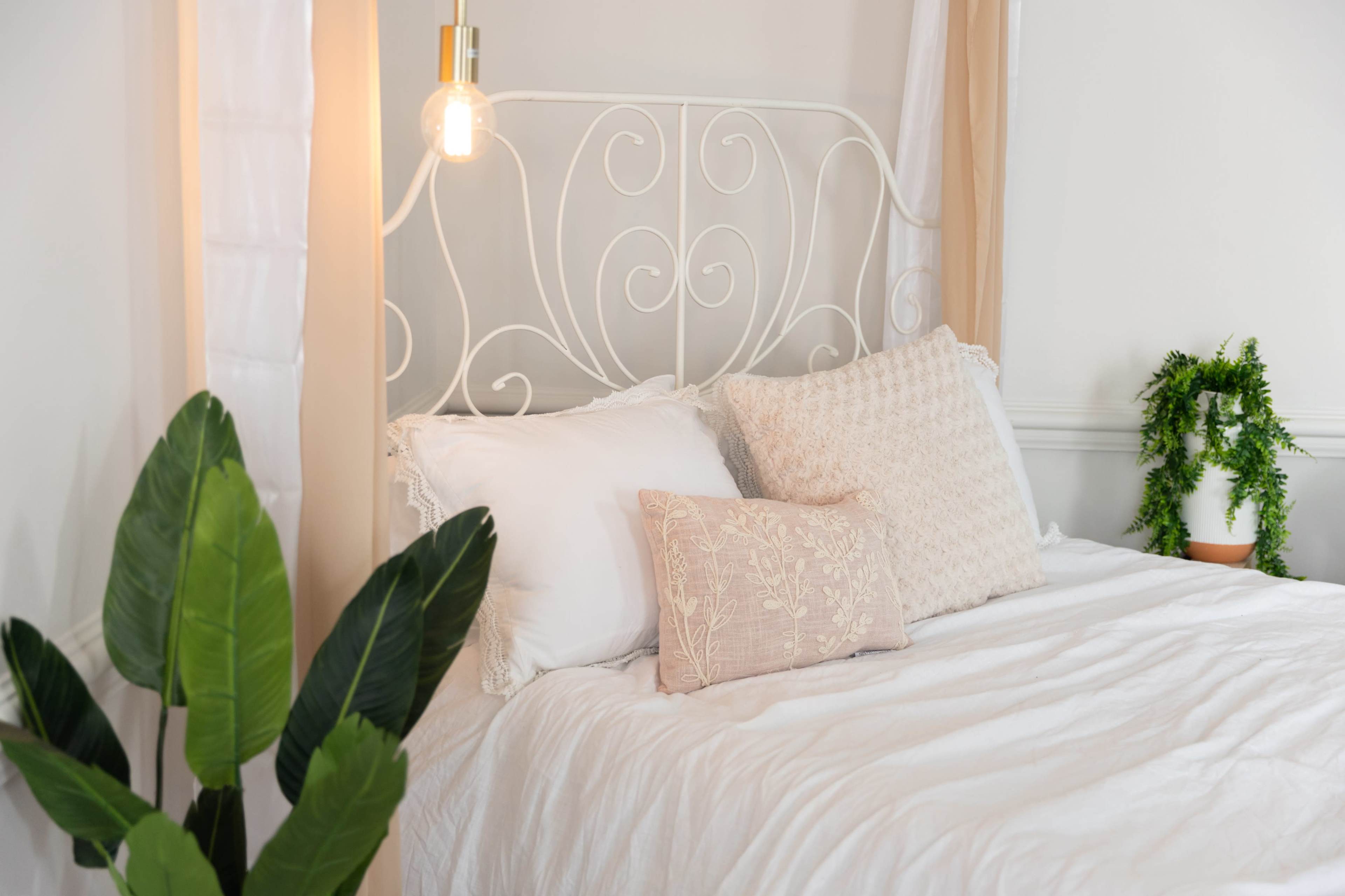 A white bed with decorative pillows is positioned against a light wall, accompanied by a green plant in a pot nearby.